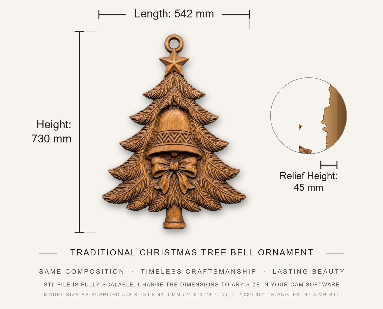 Traditional Christmas Tree Bell Ornament CNC Relief STL bas-relief STL — view 3