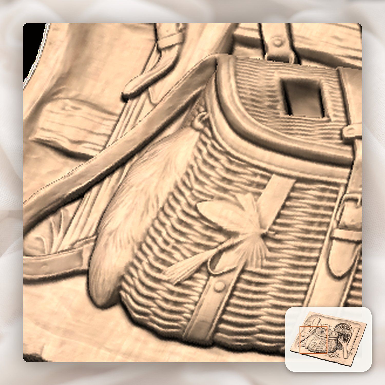 Traditional Fly Fishing Creel and Net CNC Relief STL bas-relief STL — view 8