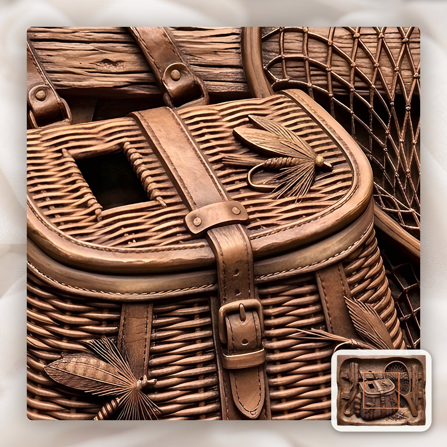 Traditional Fly Fishing Creel and Net CNC Relief STL bas-relief STL — view 9