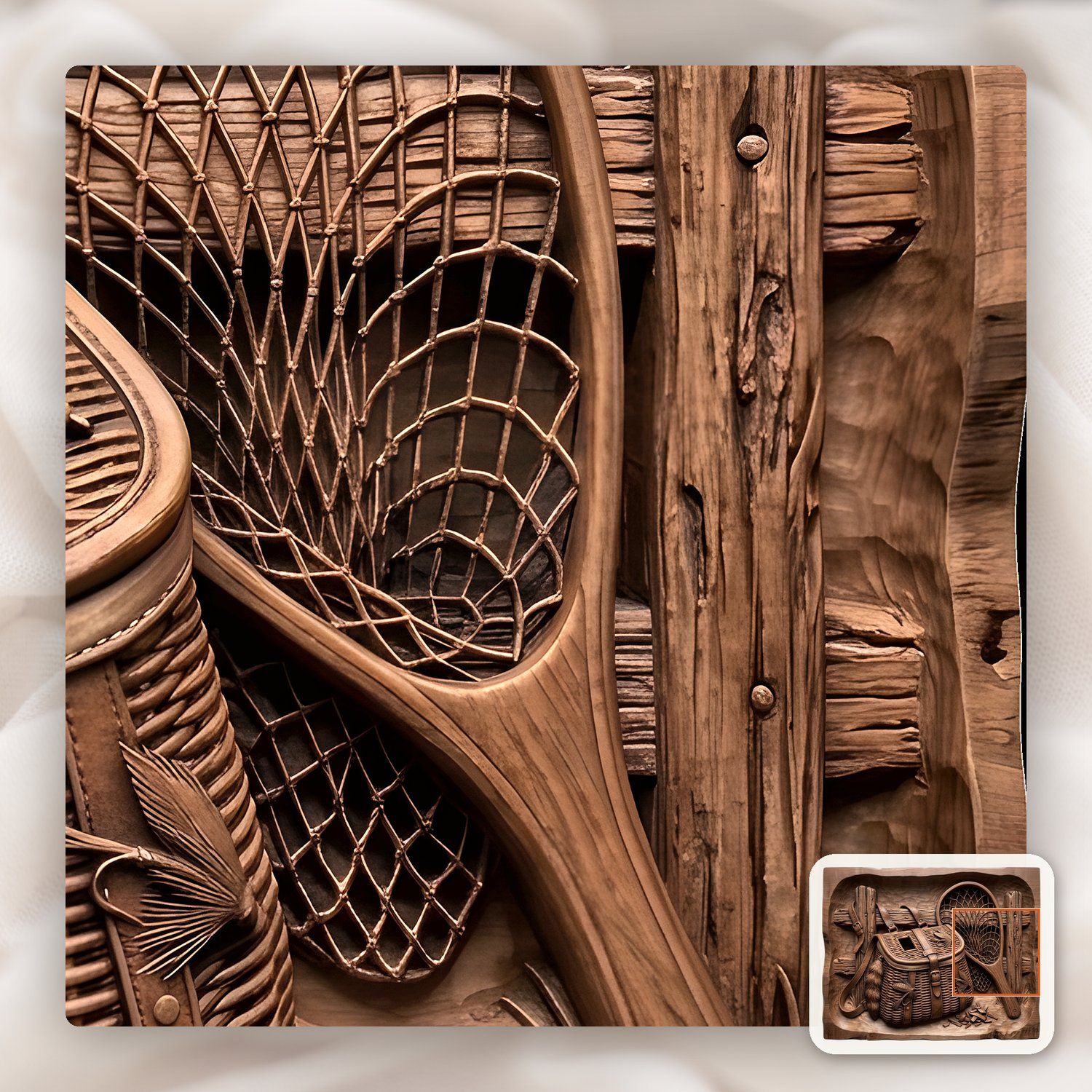 Traditional Fly Fishing Creel and Net CNC Relief STL bas-relief STL — view 10