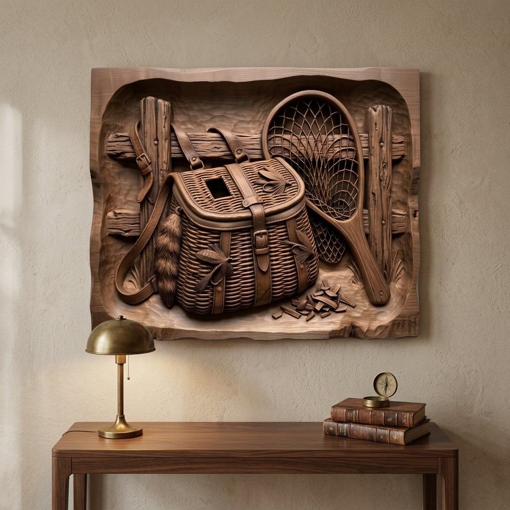 Traditional Fly Fishing Creel and Net CNC Relief STL bas-relief STL — view 12