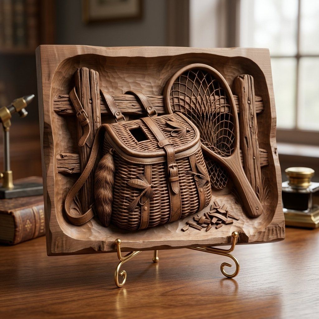 Traditional Fly Fishing Creel and Net CNC Relief STL bas-relief STL — view 14