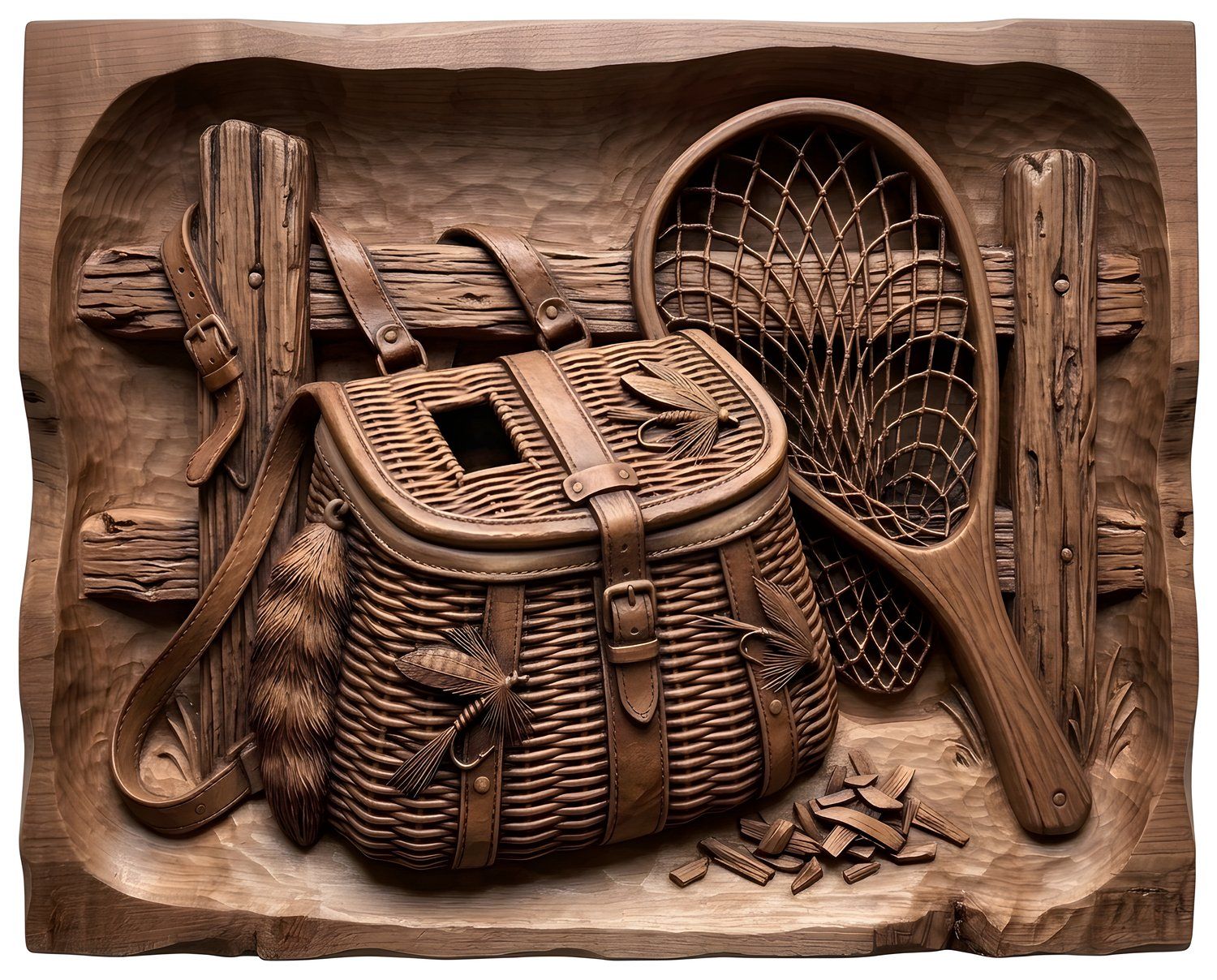 Traditional Fly Fishing Creel and Net CNC Relief STL bas-relief STL — view 13