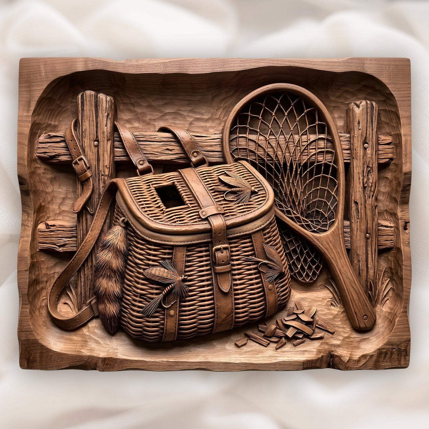 Traditional Fly Fishing Creel and Net CNC Relief STL | Rustic Cabin Wall Art | Outdoor Sport Wood Carving Design — carved bas relief STL file for CNC