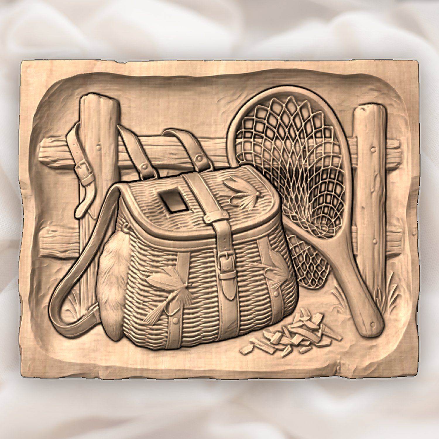 Traditional Fly Fishing Creel and Net CNC Relief STL bas-relief STL — view 2