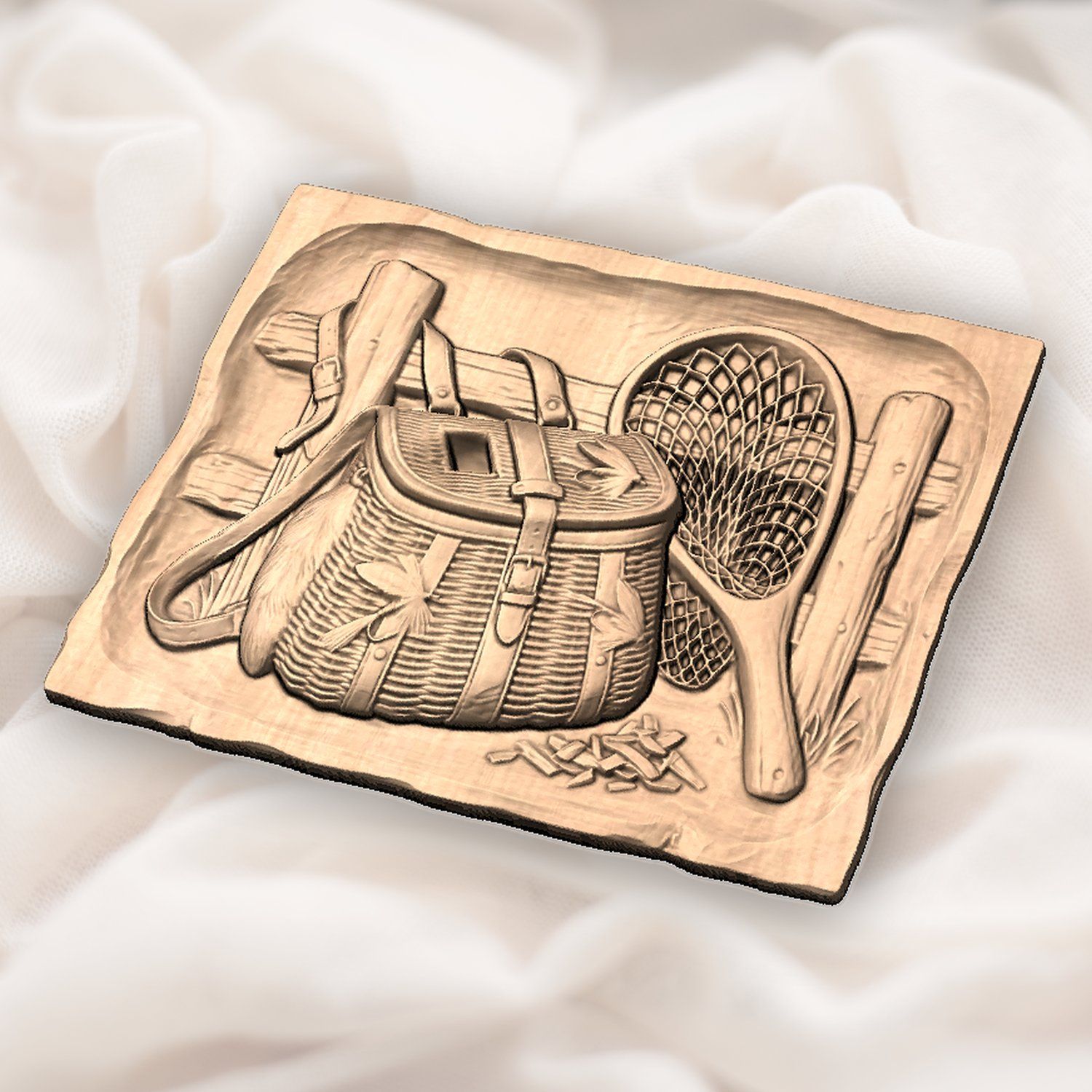 Traditional Fly Fishing Creel and Net CNC Relief STL bas-relief STL — view 3