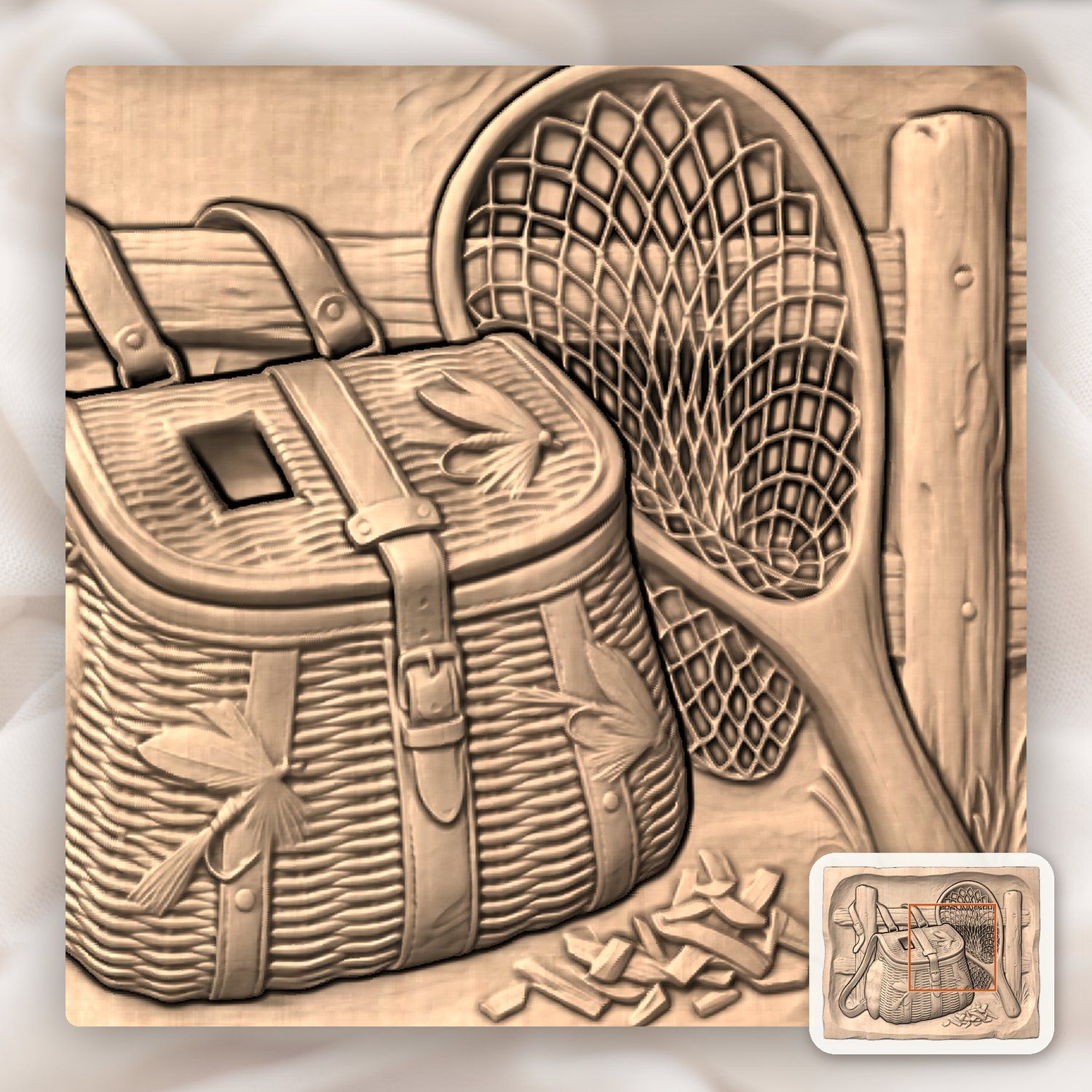 Traditional Fly Fishing Creel and Net CNC Relief STL bas-relief STL — view 4
