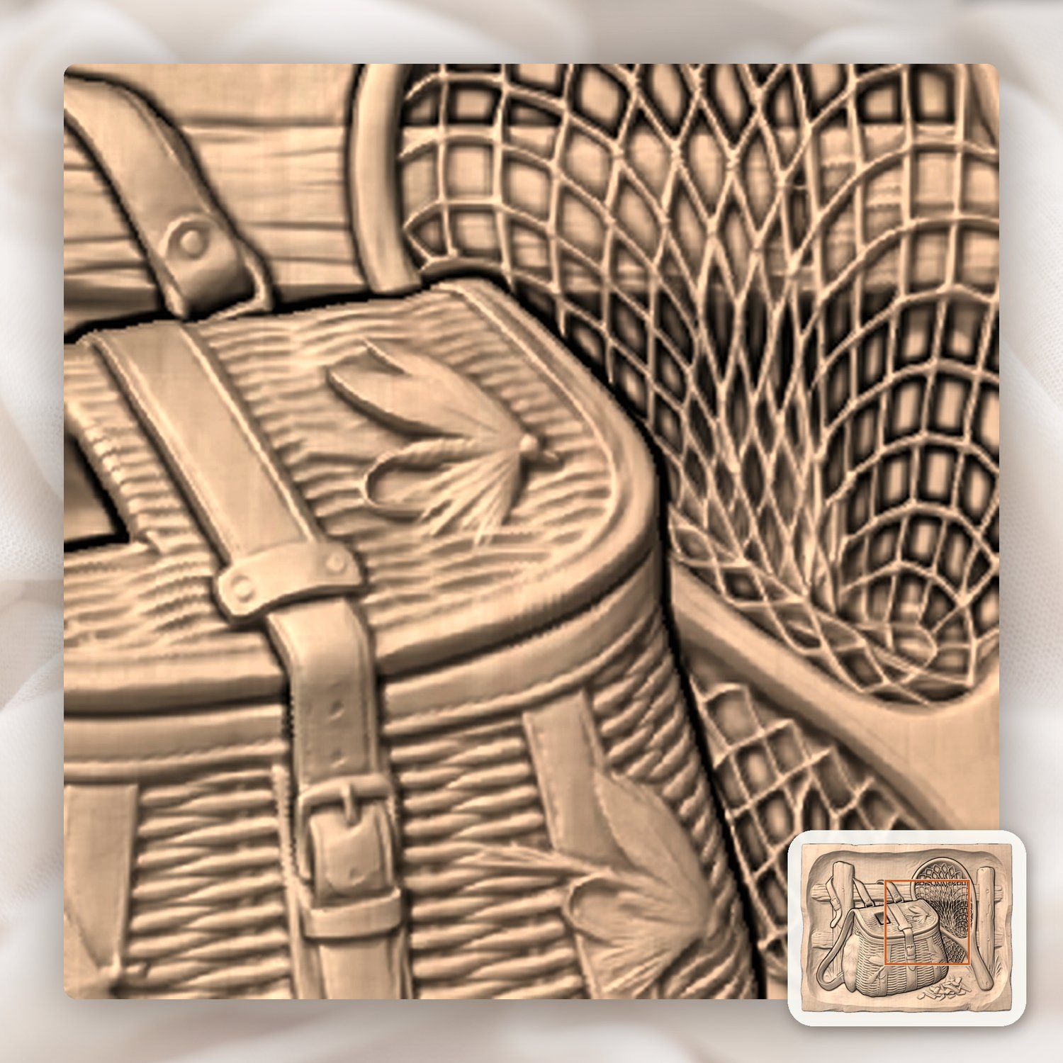 Traditional Fly Fishing Creel and Net CNC Relief STL bas-relief STL — view 5
