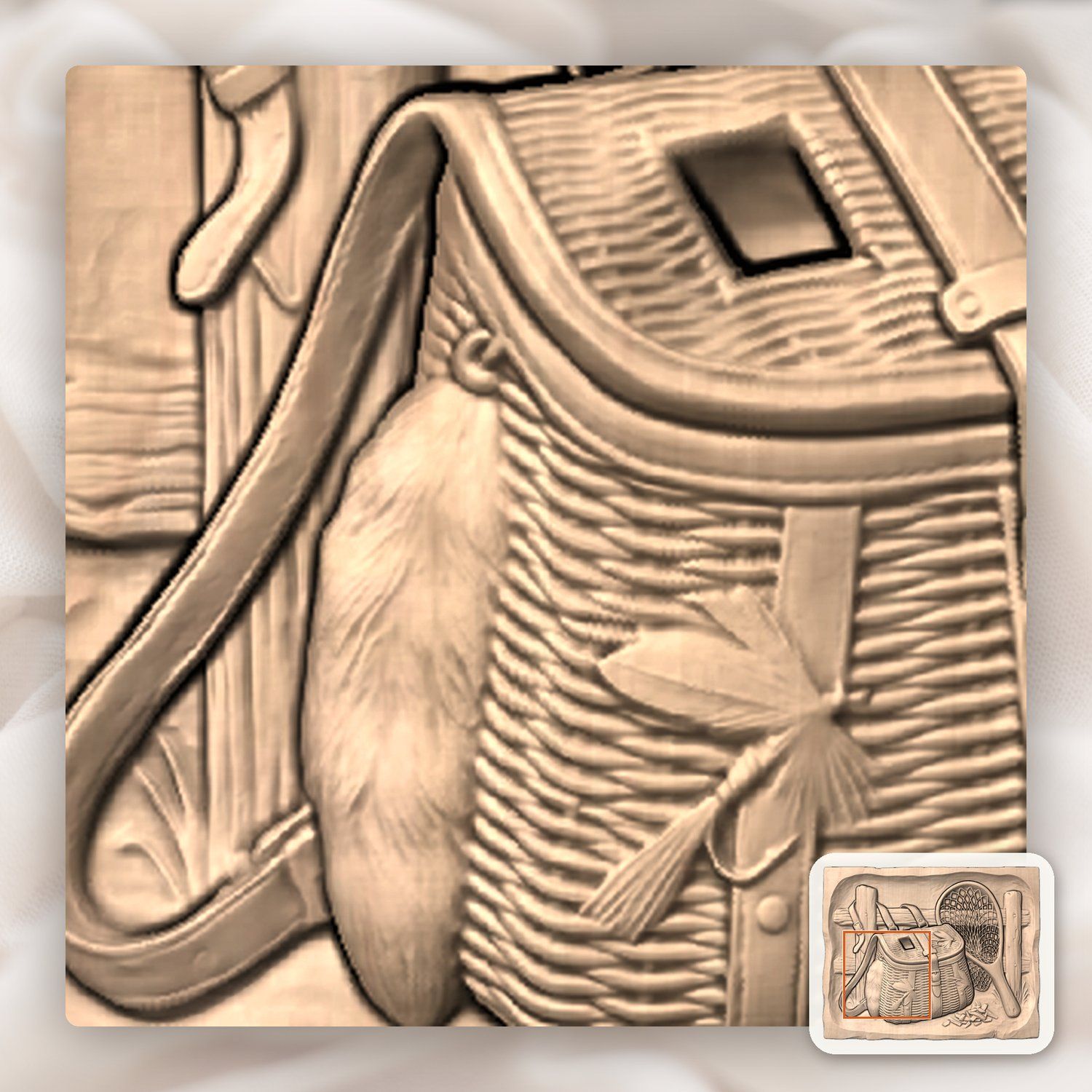 Traditional Fly Fishing Creel and Net CNC Relief STL bas-relief STL — view 6