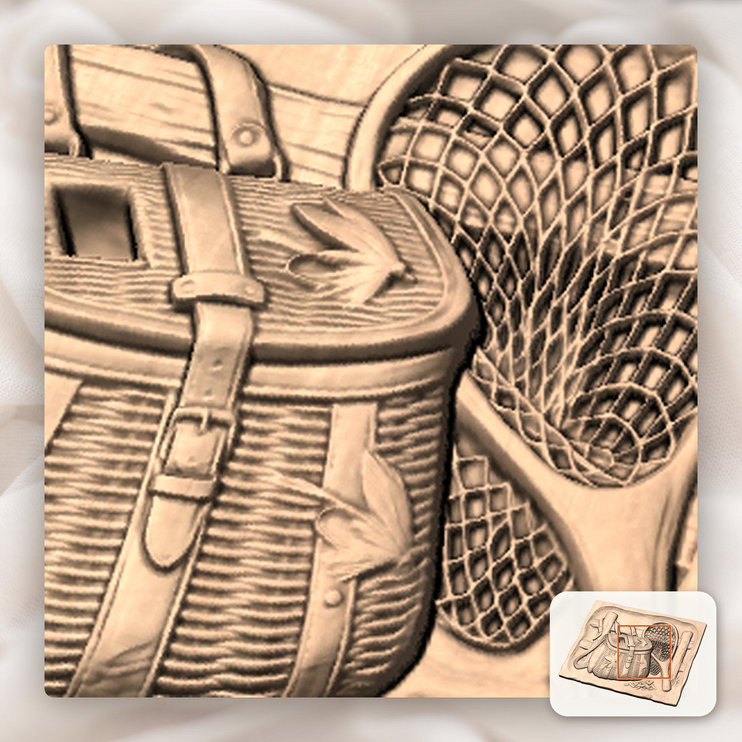 Traditional Fly Fishing Creel and Net CNC Relief STL bas-relief STL — view 7