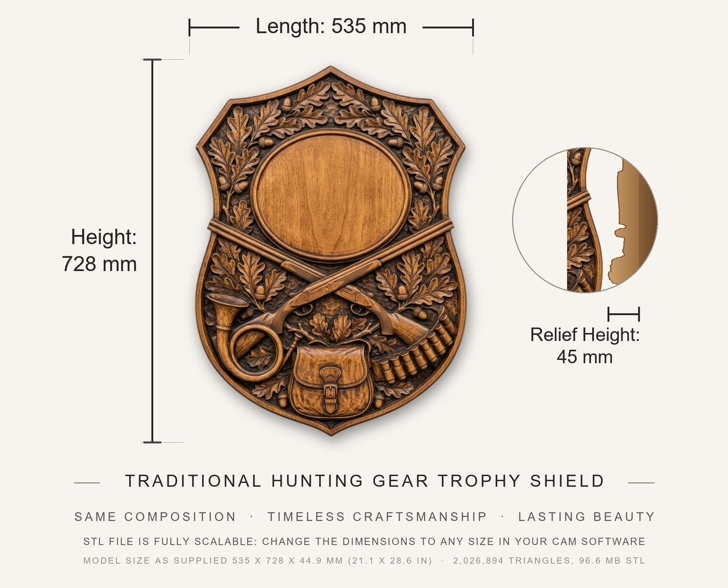 Traditional Hunting Gear Trophy Shield Full Hunt CNC Relief STL bas-relief STL — view 3