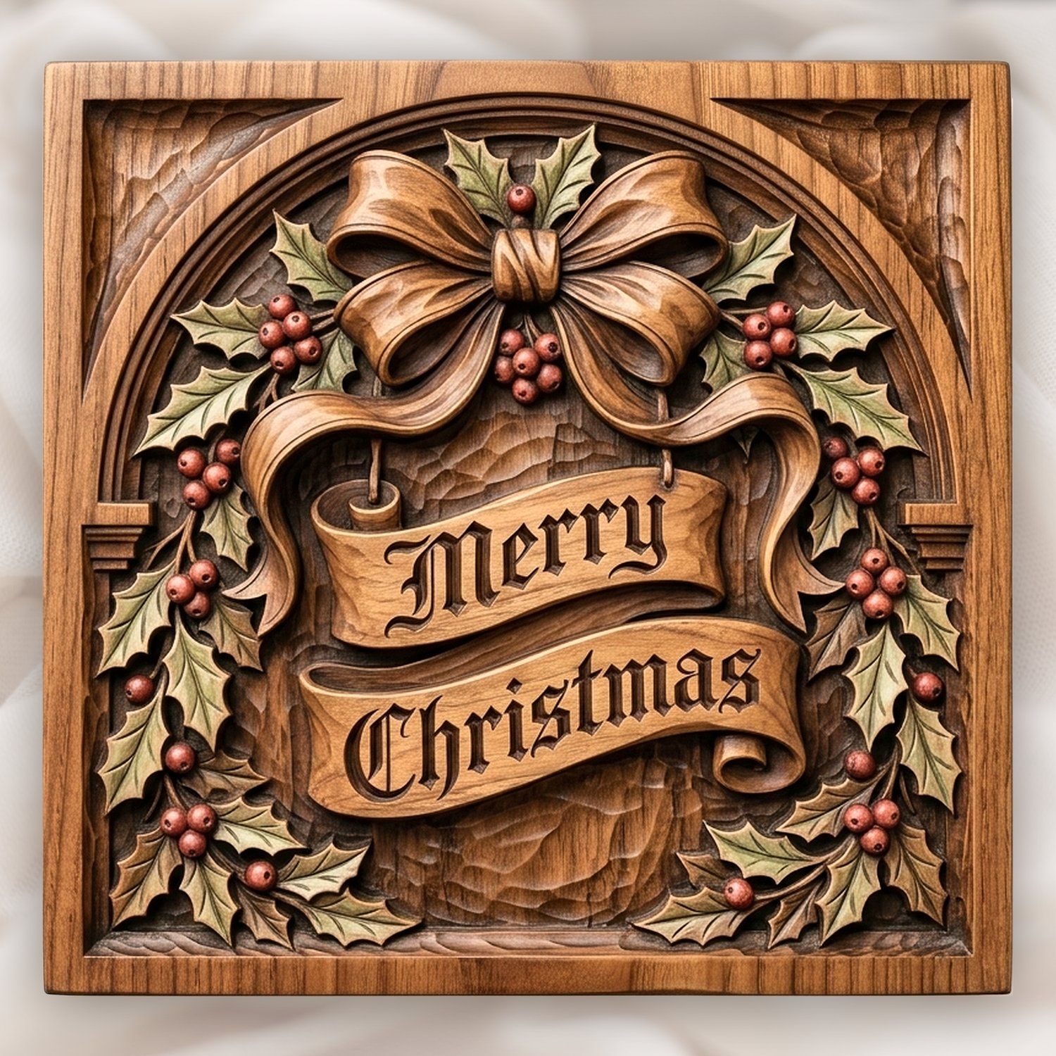 Traditional Merry Christmas Holly Bow CNC Relief STL bas-relief STL design
