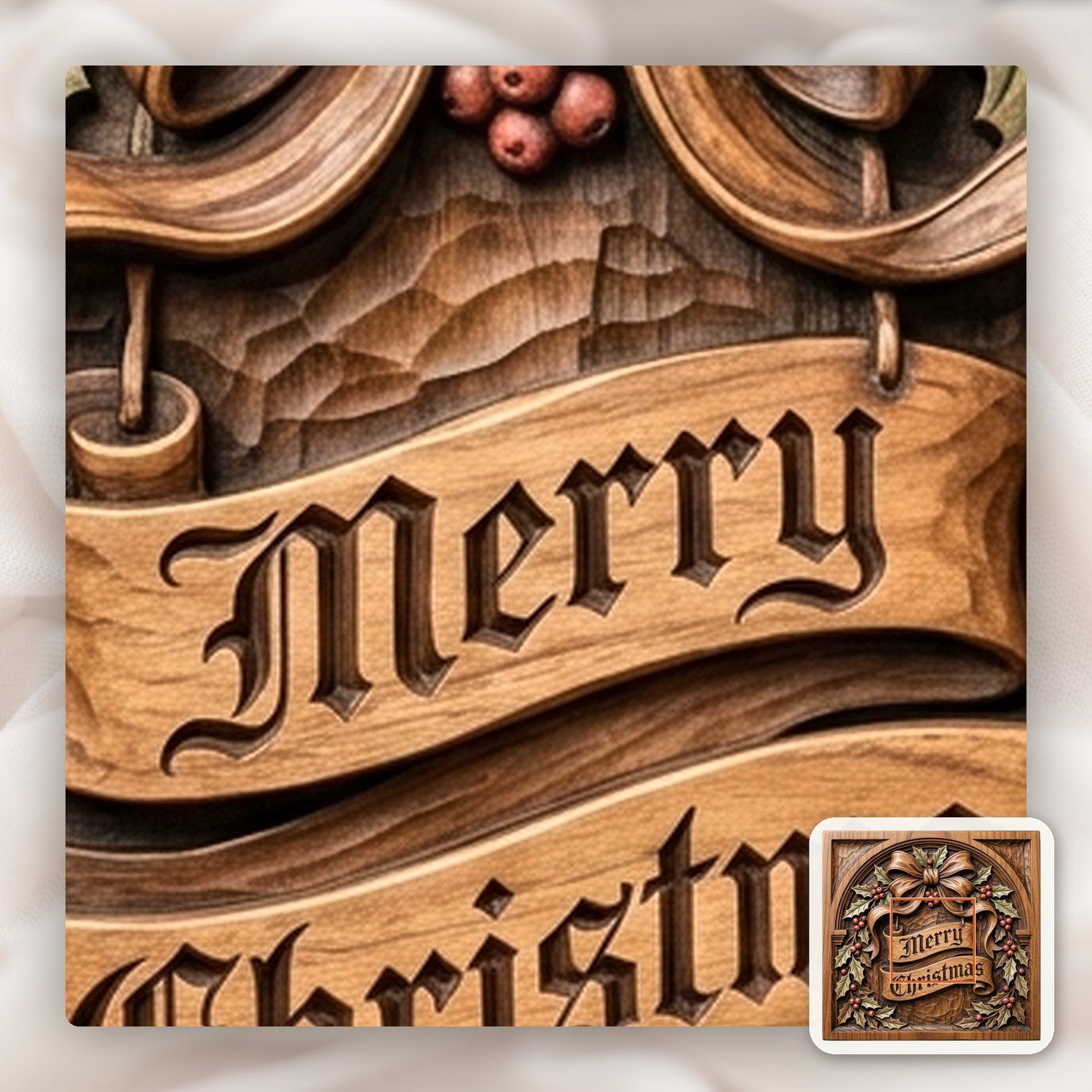 Traditional Merry Christmas Holly Bow CNC Relief STL bas-relief STL — view 11