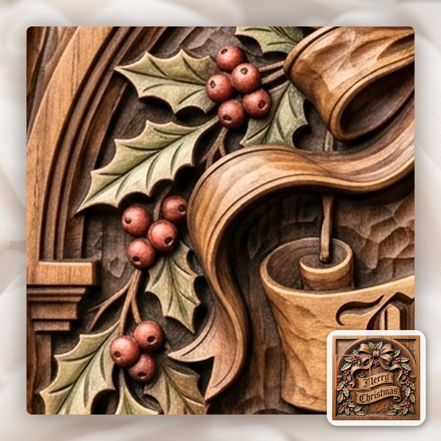 Traditional Merry Christmas Holly Bow CNC Relief STL bas-relief STL — view 12