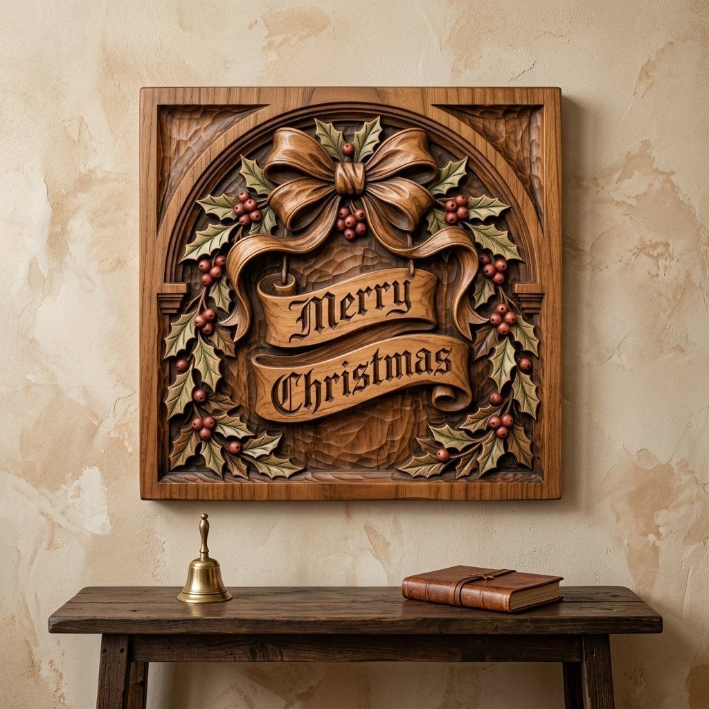 Traditional Merry Christmas Holly Bow CNC Relief STL bas-relief STL — view 13