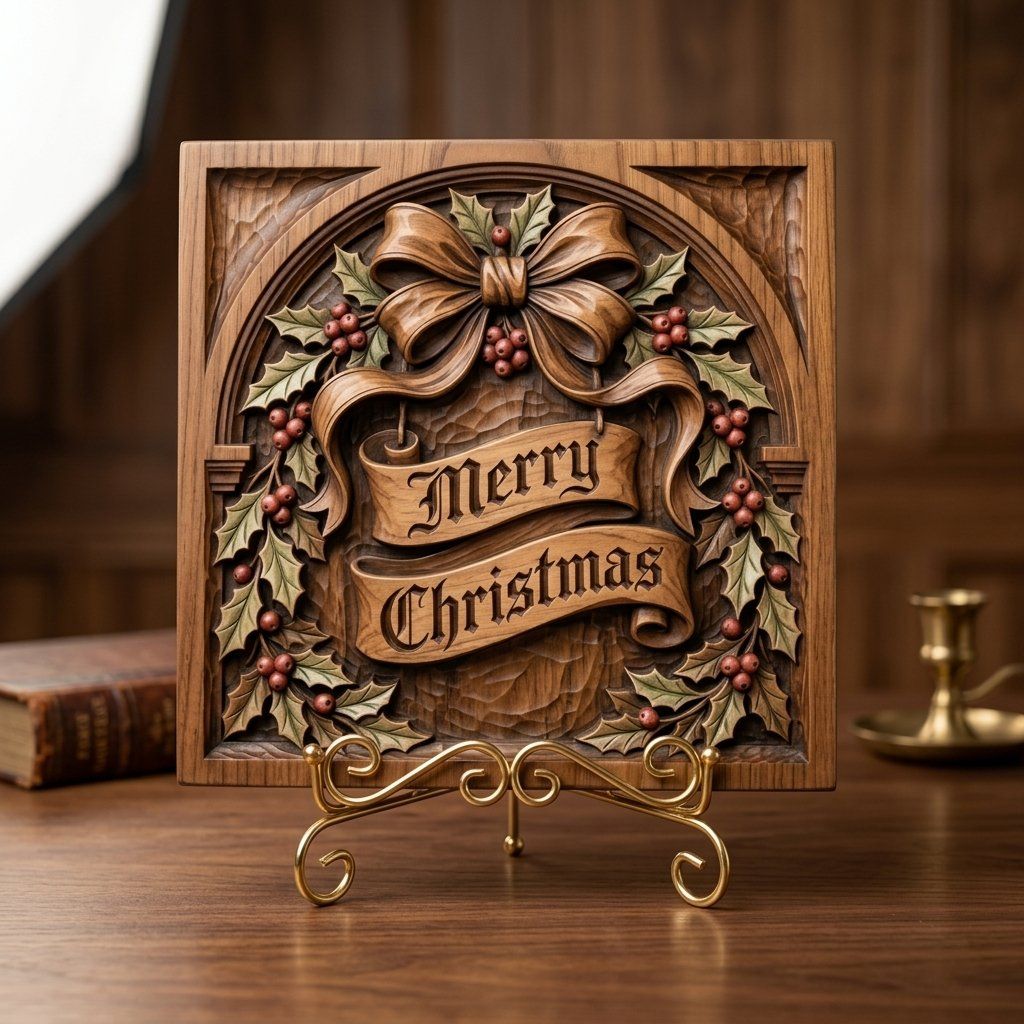 Traditional Merry Christmas Holly Bow CNC Relief STL bas-relief STL — view 3