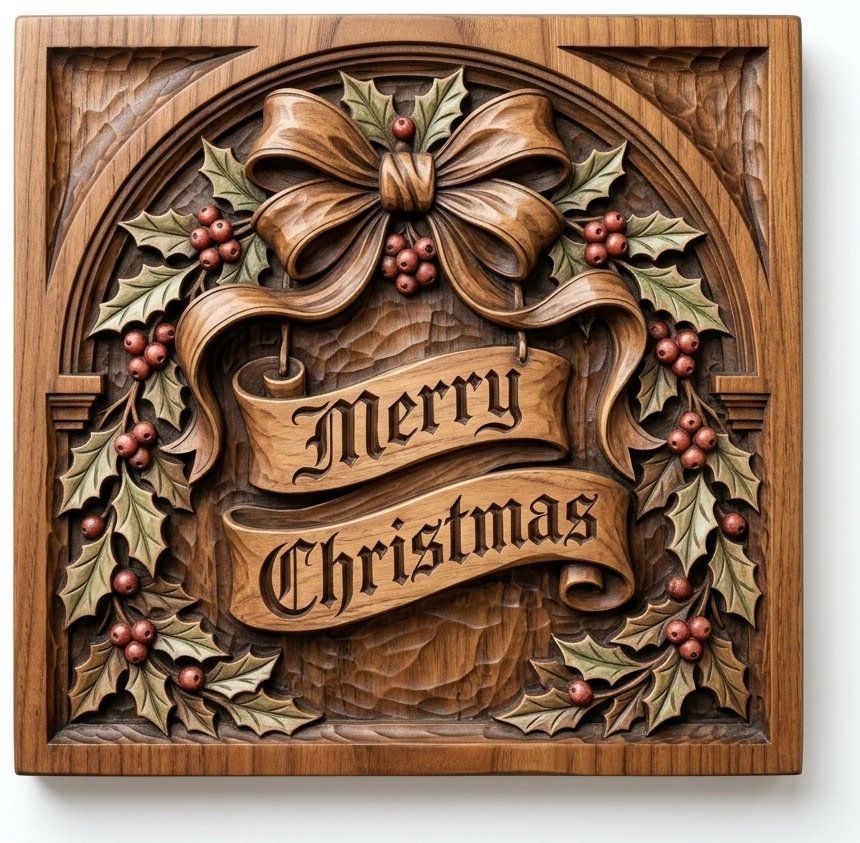 Traditional Merry Christmas Holly Bow CNC Relief STL bas-relief STL — view 14