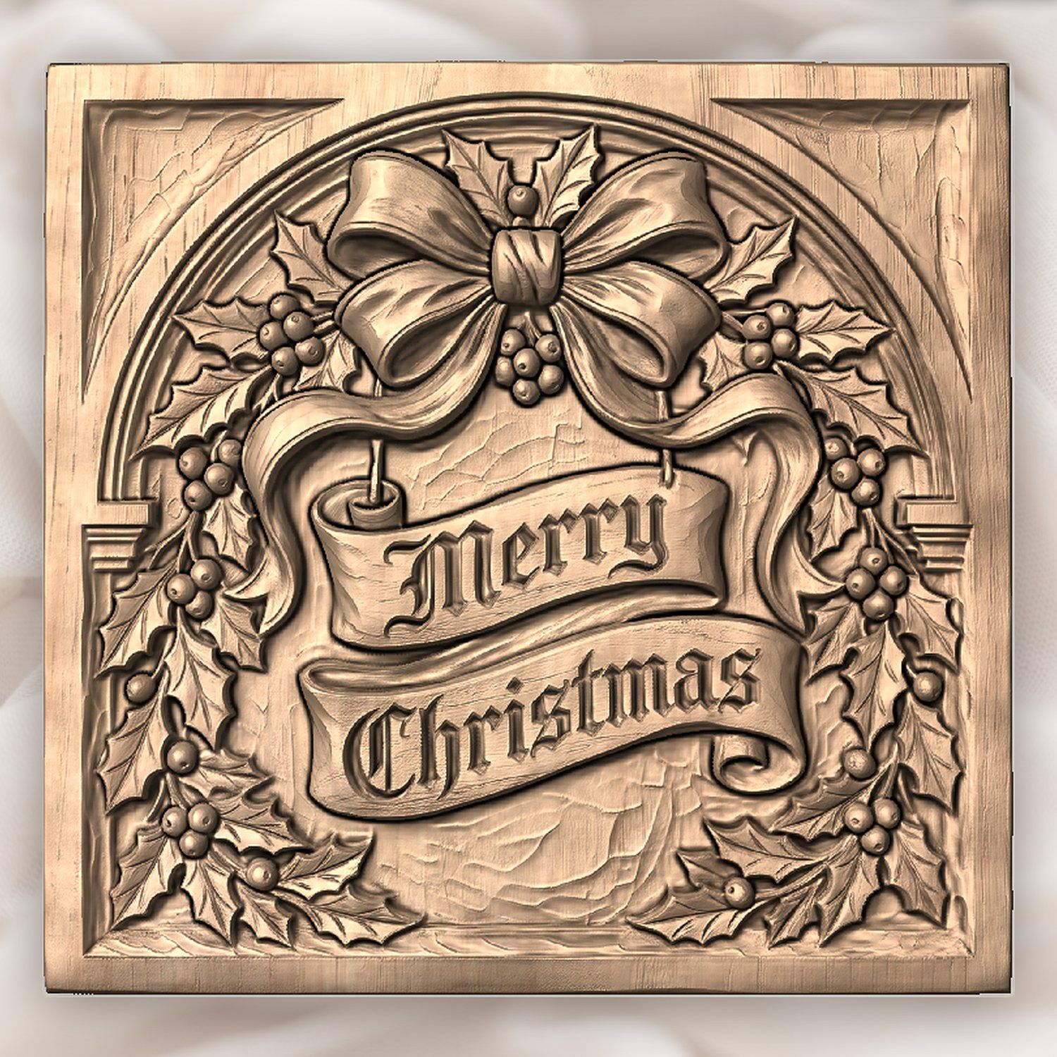 Traditional Merry Christmas Holly Bow CNC Relief STL bas-relief STL — view 4
