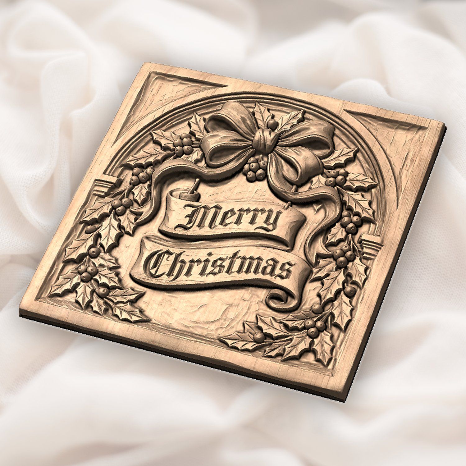 Traditional Merry Christmas Holly Bow CNC Relief STL bas-relief STL — view 5