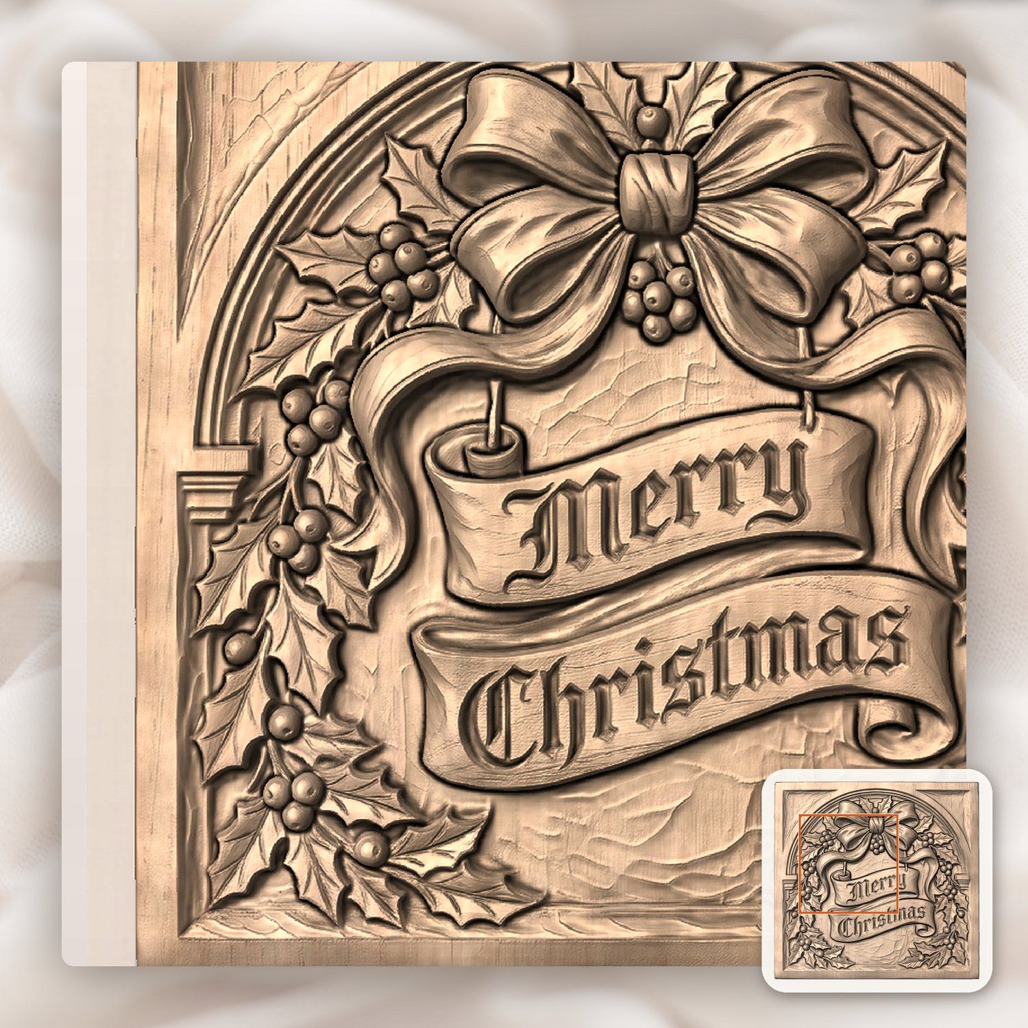 Traditional Merry Christmas Holly Bow CNC Relief STL bas-relief STL — view 6