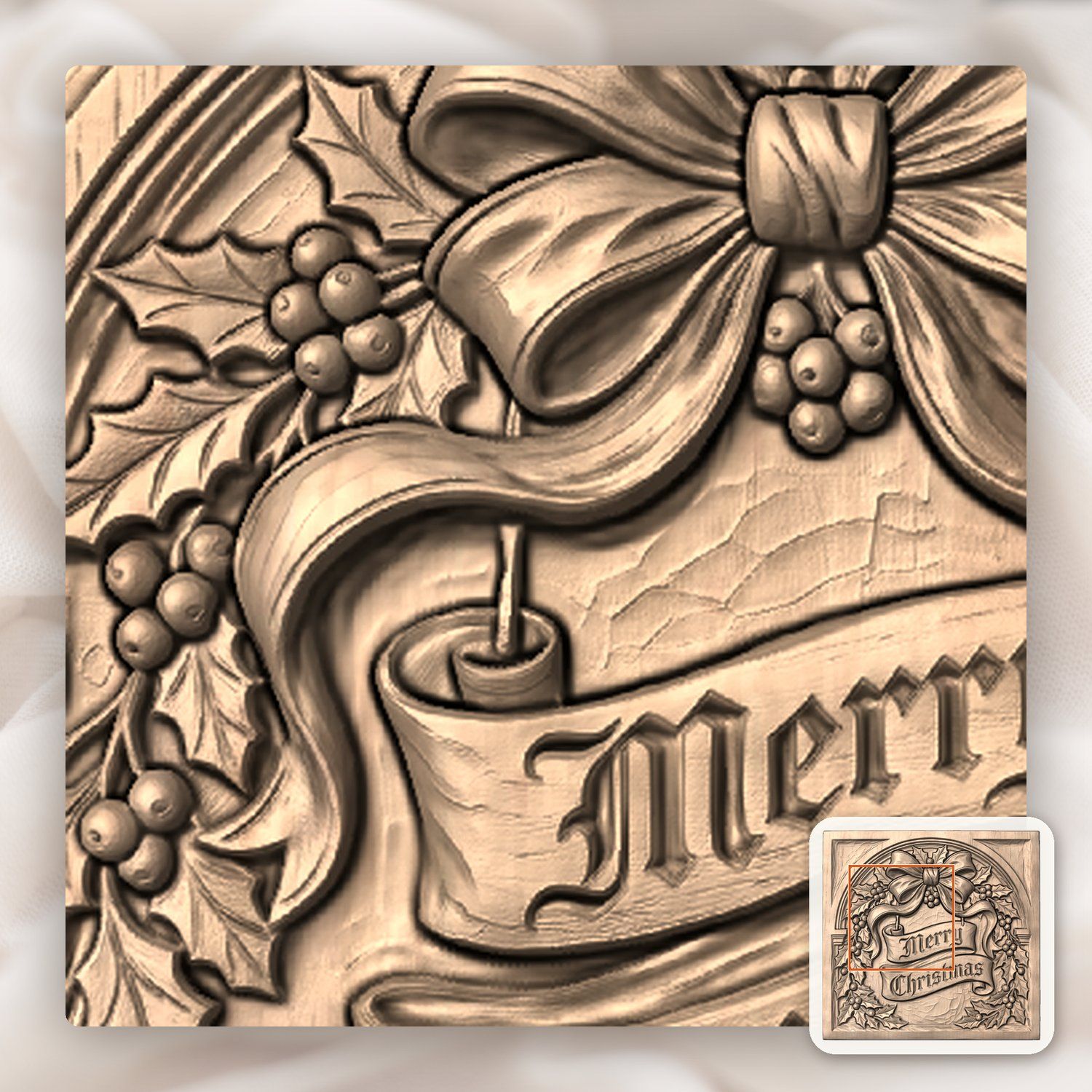 Traditional Merry Christmas Holly Bow CNC Relief STL bas-relief STL — view 7