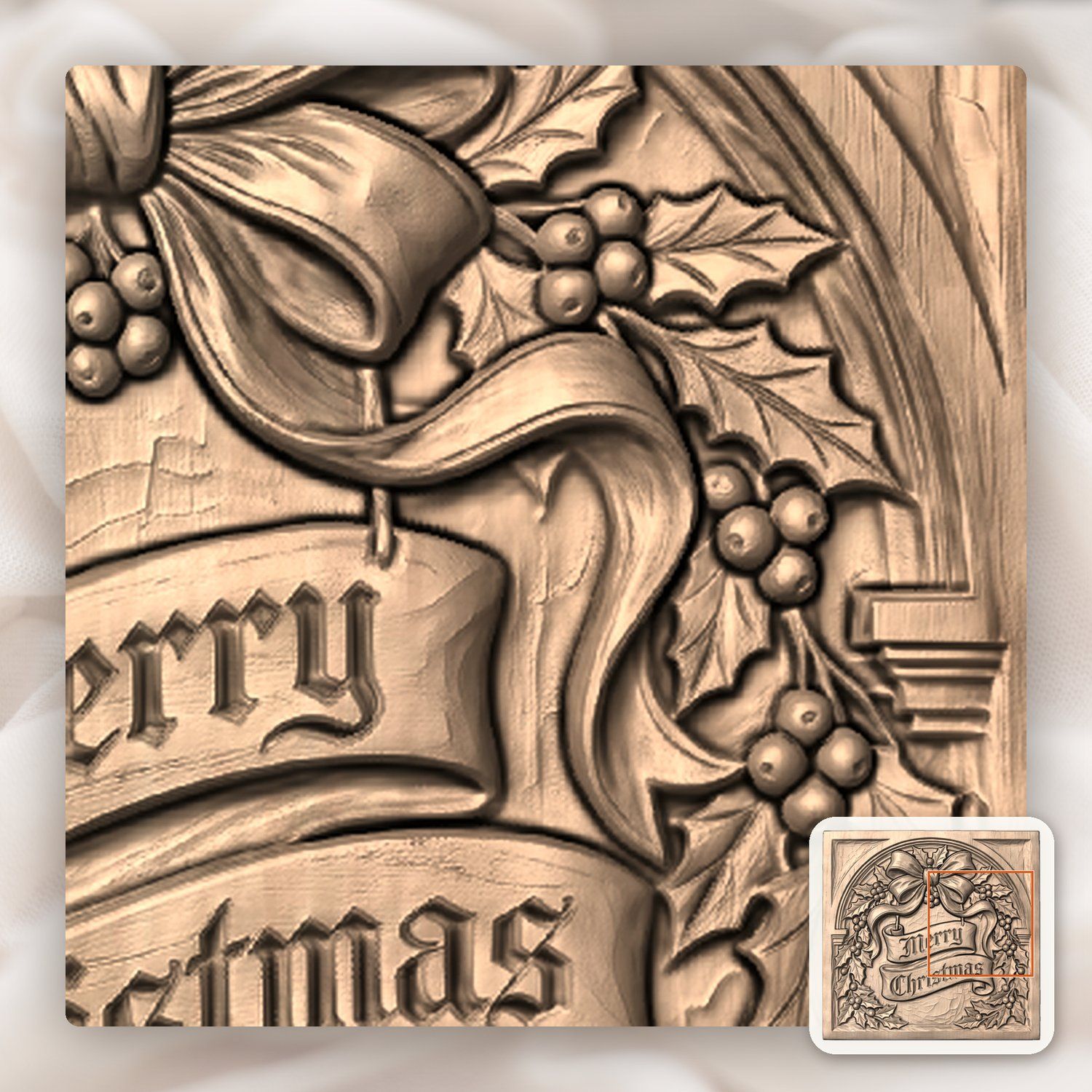 Traditional Merry Christmas Holly Bow CNC Relief STL bas-relief STL — view 8