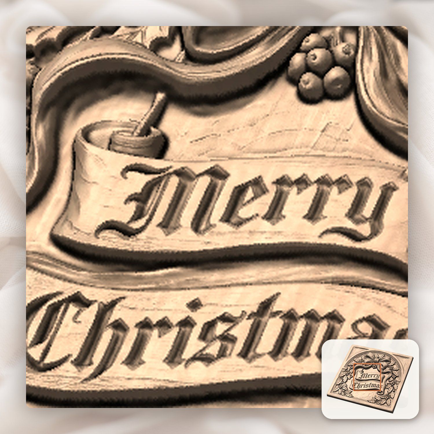 Traditional Merry Christmas Holly Bow CNC Relief STL bas-relief STL — view 9