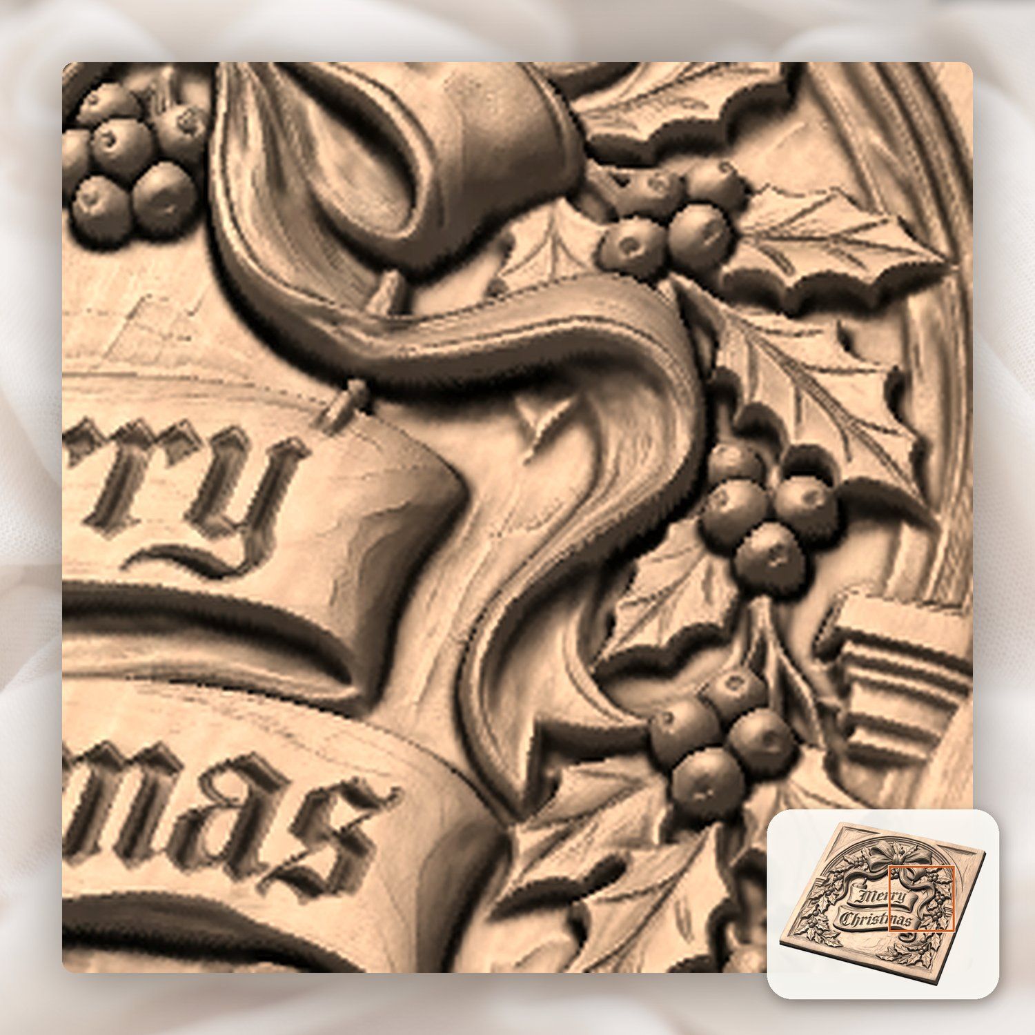 Traditional Merry Christmas Holly Bow CNC Relief STL bas-relief STL — view 10