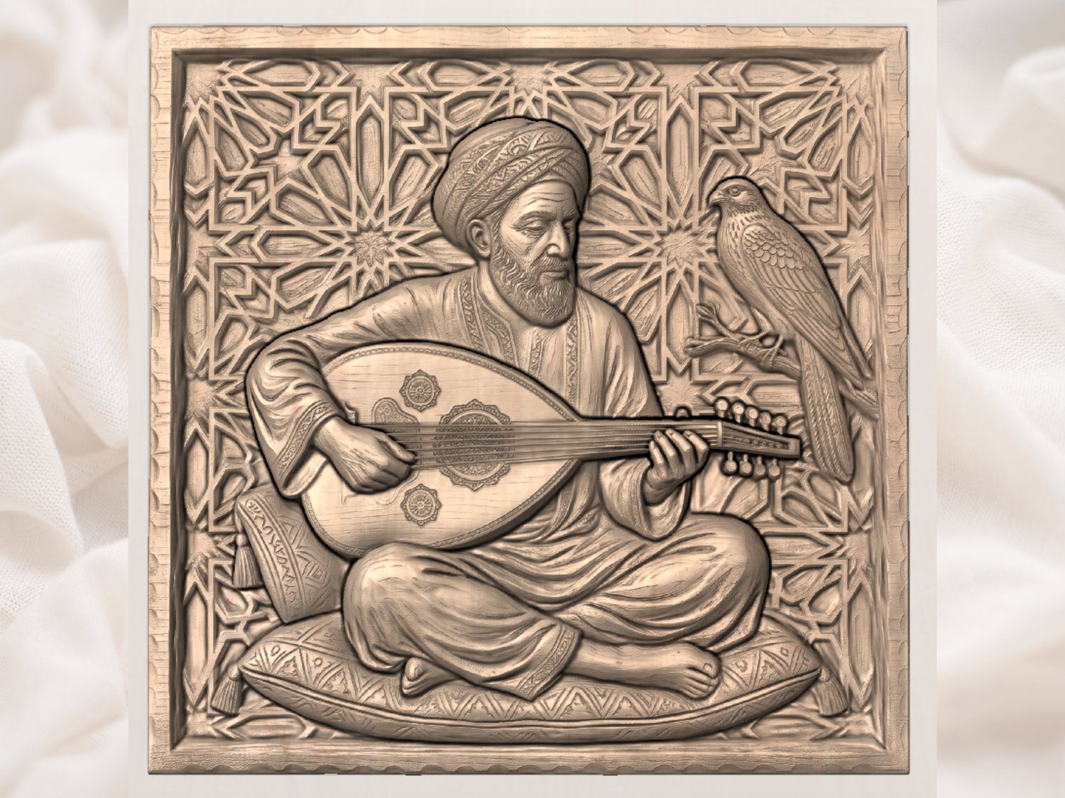 Traditional Oud Player and Falcon CNC Relief STL bas-relief STL — view 3