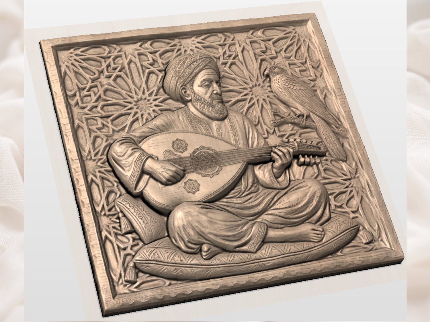 Traditional Oud Player and Falcon CNC Relief STL bas-relief STL — view 4