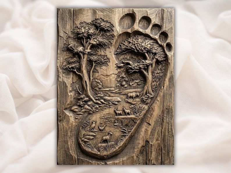 Bas-relief wood carving of a footprint filled with a forest scene, river, trees, deer, and birds.