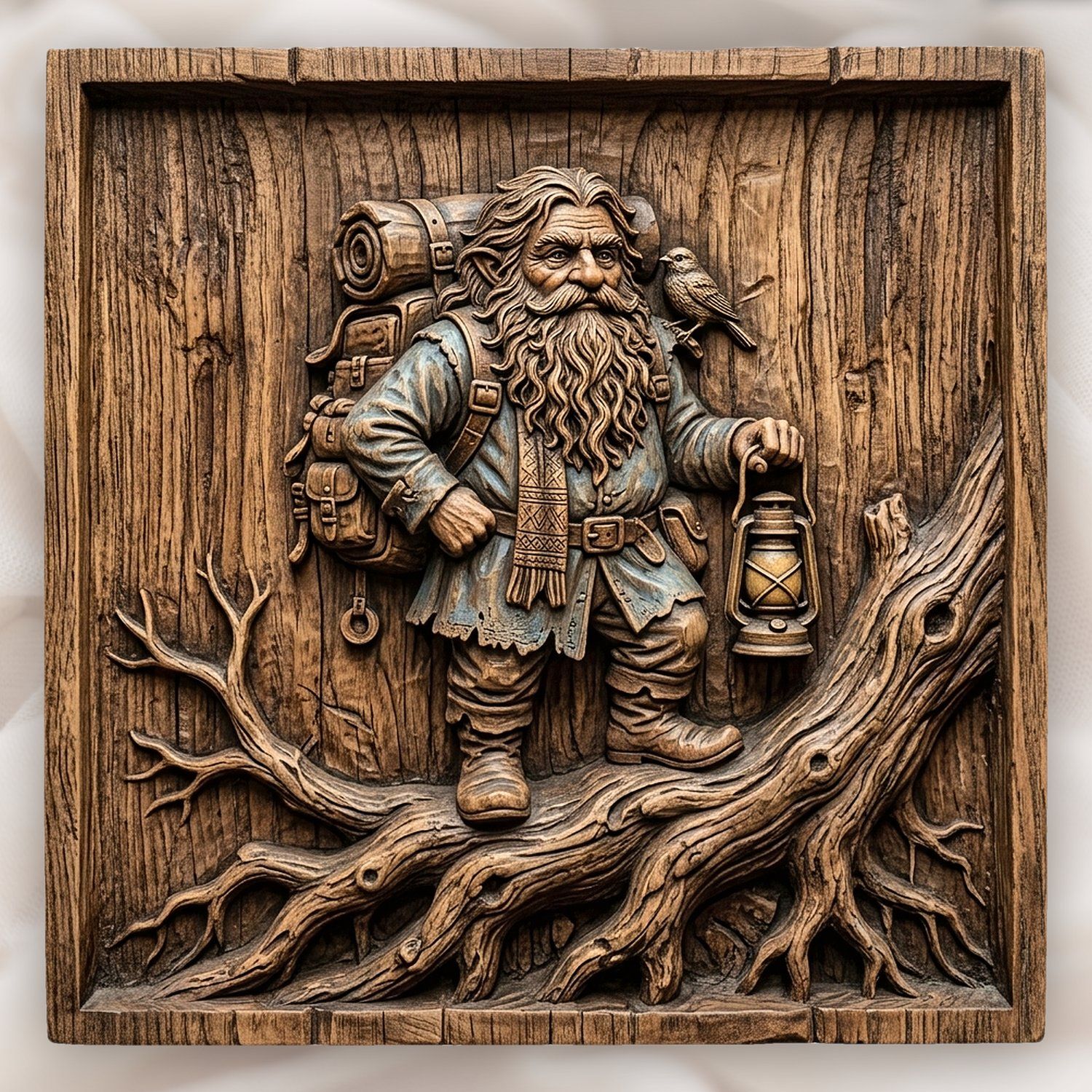 Traveler Forest Gnome Adventurer CNC Relief STL | Whimsical Fantasy Wood Carving | Rustic Cabin Wall Decor Panel — carved bas relief STL file for CNC