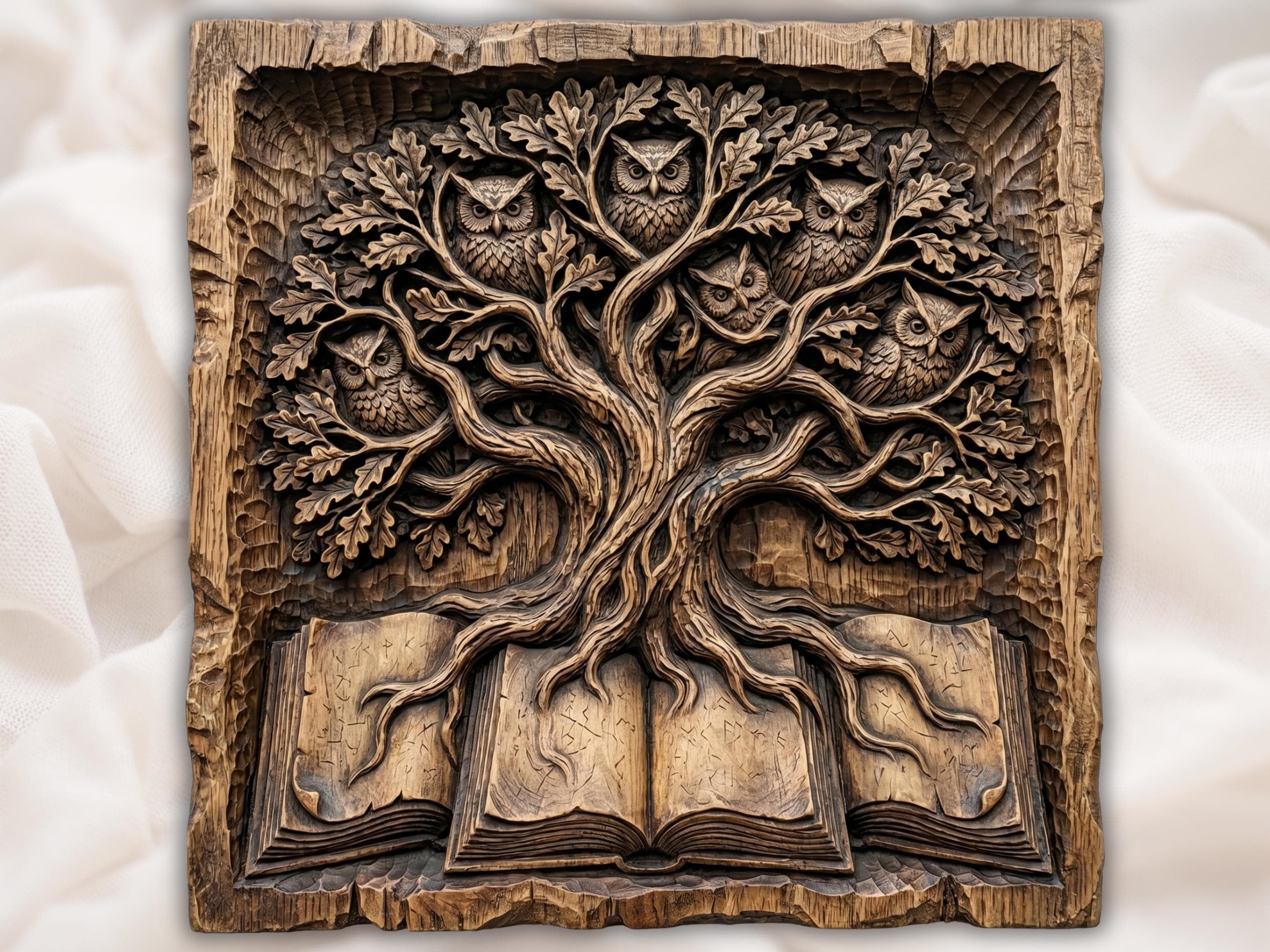 Carved wood relief of an oak tree with three owls in the branches growing from an open book with runes