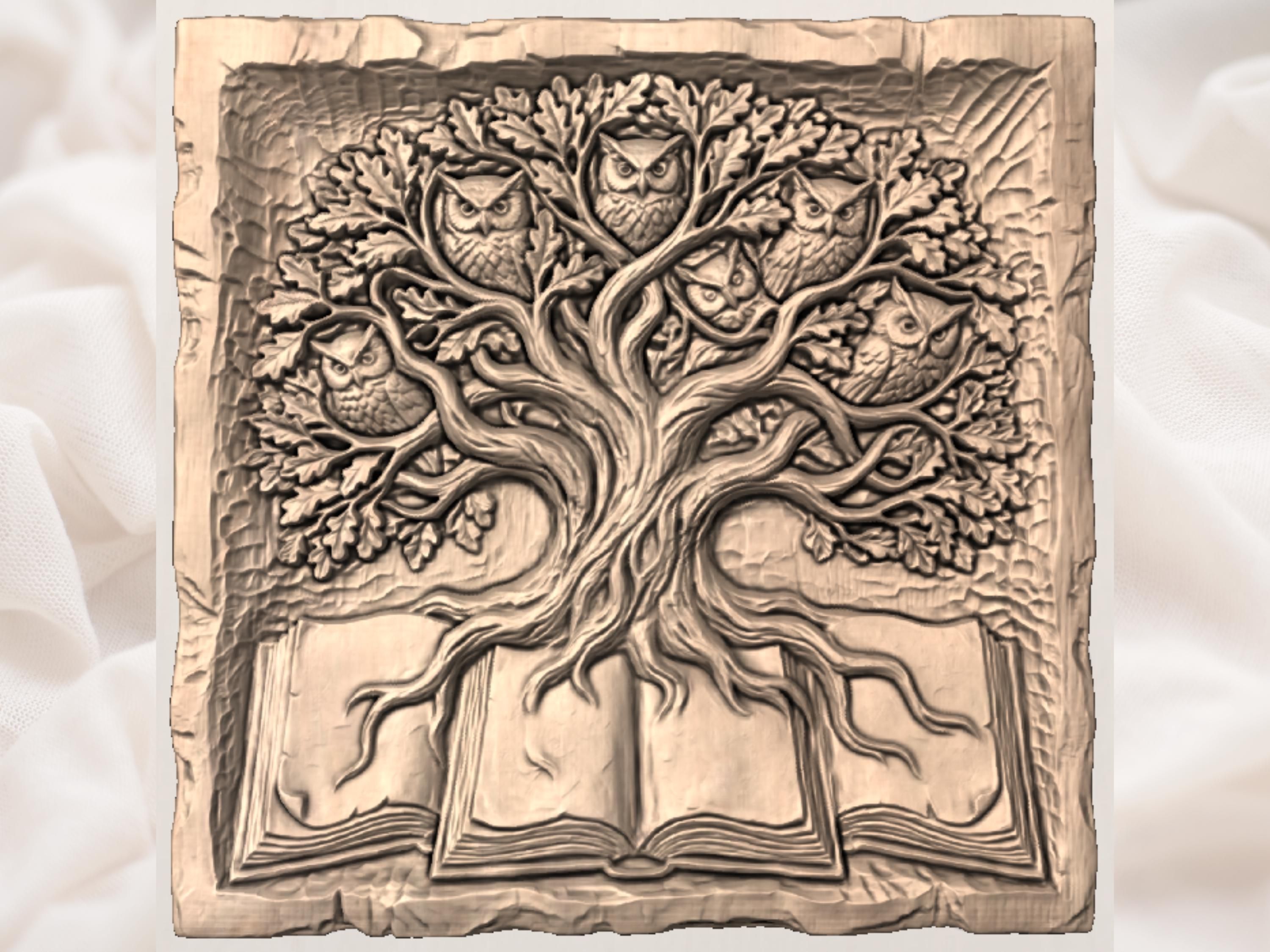 Owl Tree of Wisdom Rising From an Open Book Relief bas-relief STL — view 2