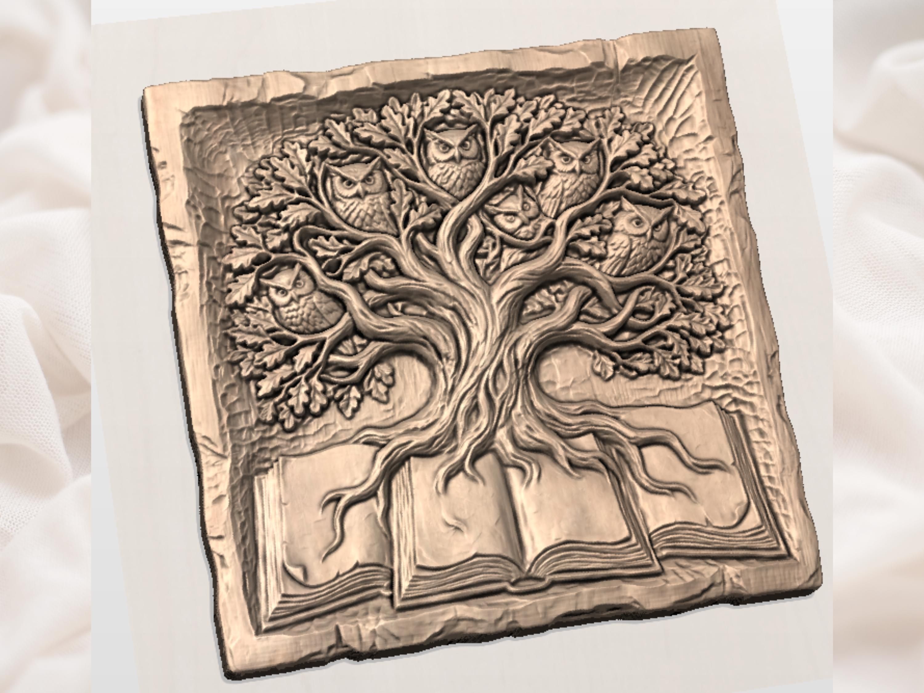 Owl Tree of Wisdom Rising From an Open Book Relief bas-relief STL — view 3