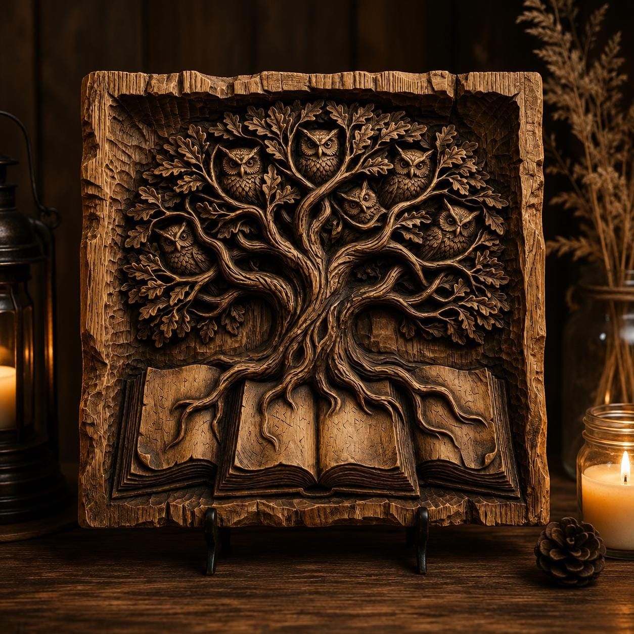 Owl Tree of Wisdom Rising From an Open Book Relief bas-relief STL — view 4