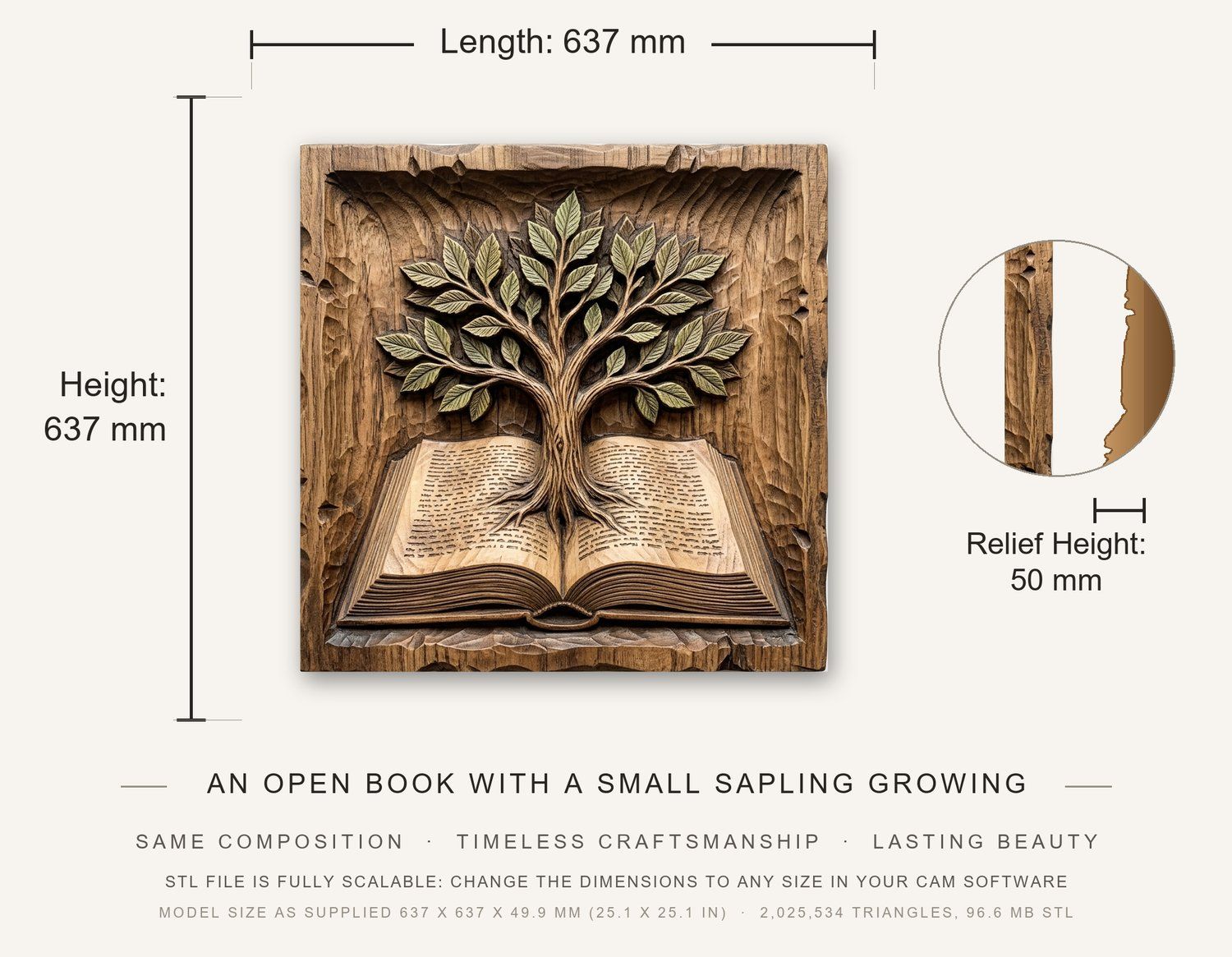 Tree of Knowledge Wisdom Book Wood Carving CNC Relief STL bas-relief STL — view 3