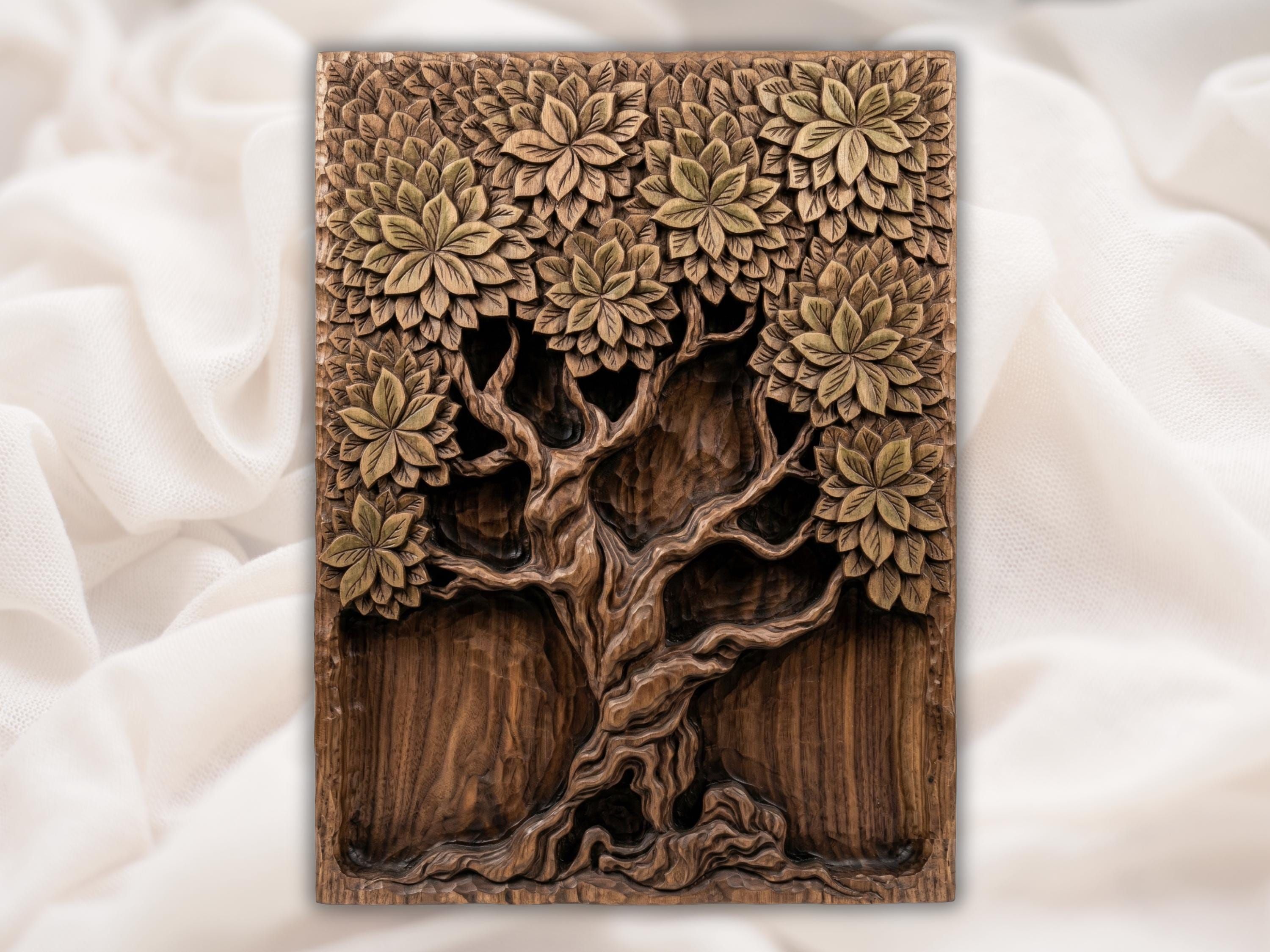 Carved wood bas-relief of a twisted Tree of Life trunk topped with layered floral leaf rosettes