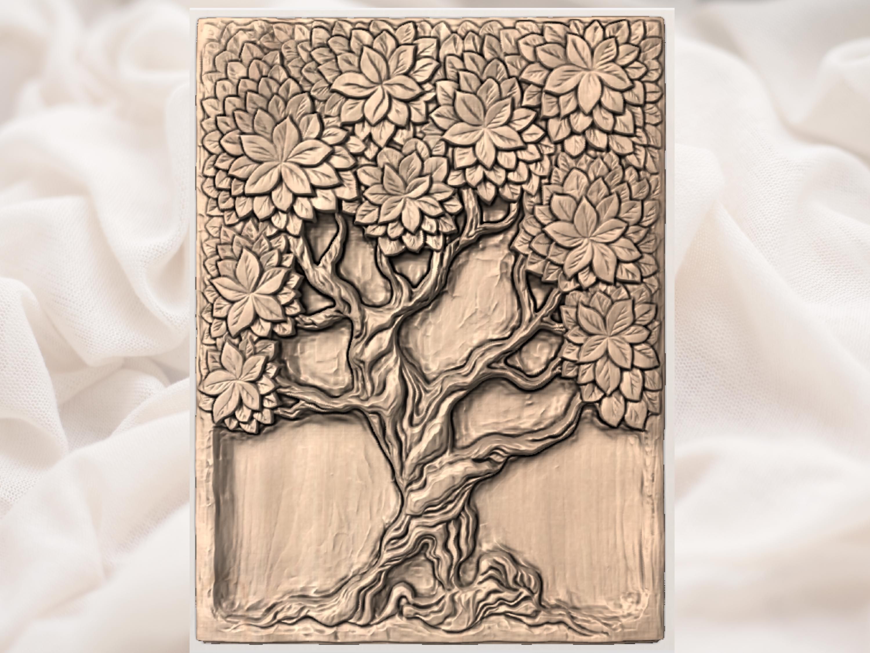 Ancient Tree of Life Bas-Relief with Floral Canopy STL bas-relief STL — view 3