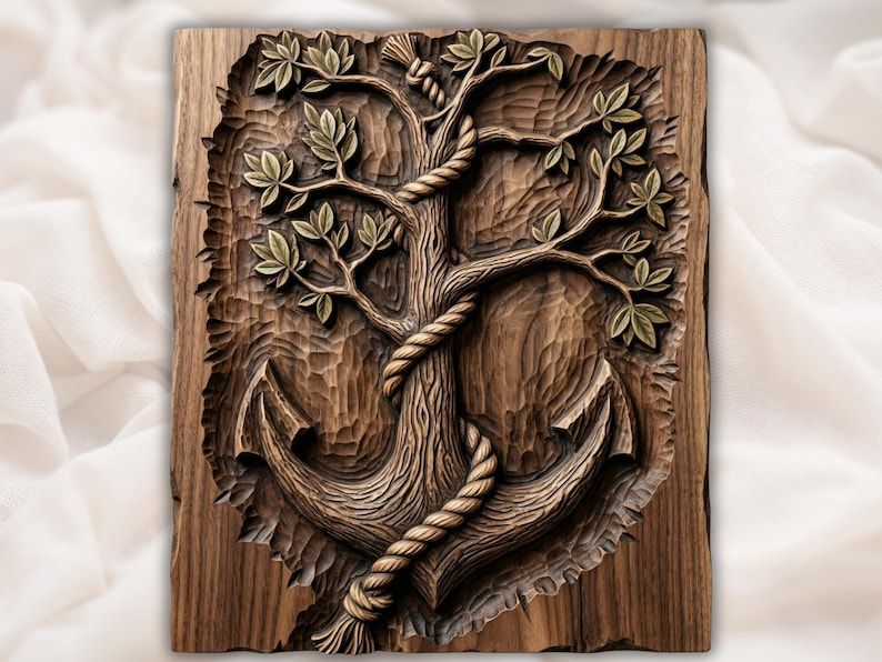 Carved wood bas-relief of a tree growing from a ship anchor with rope wrapped around the trunk and leafy branches