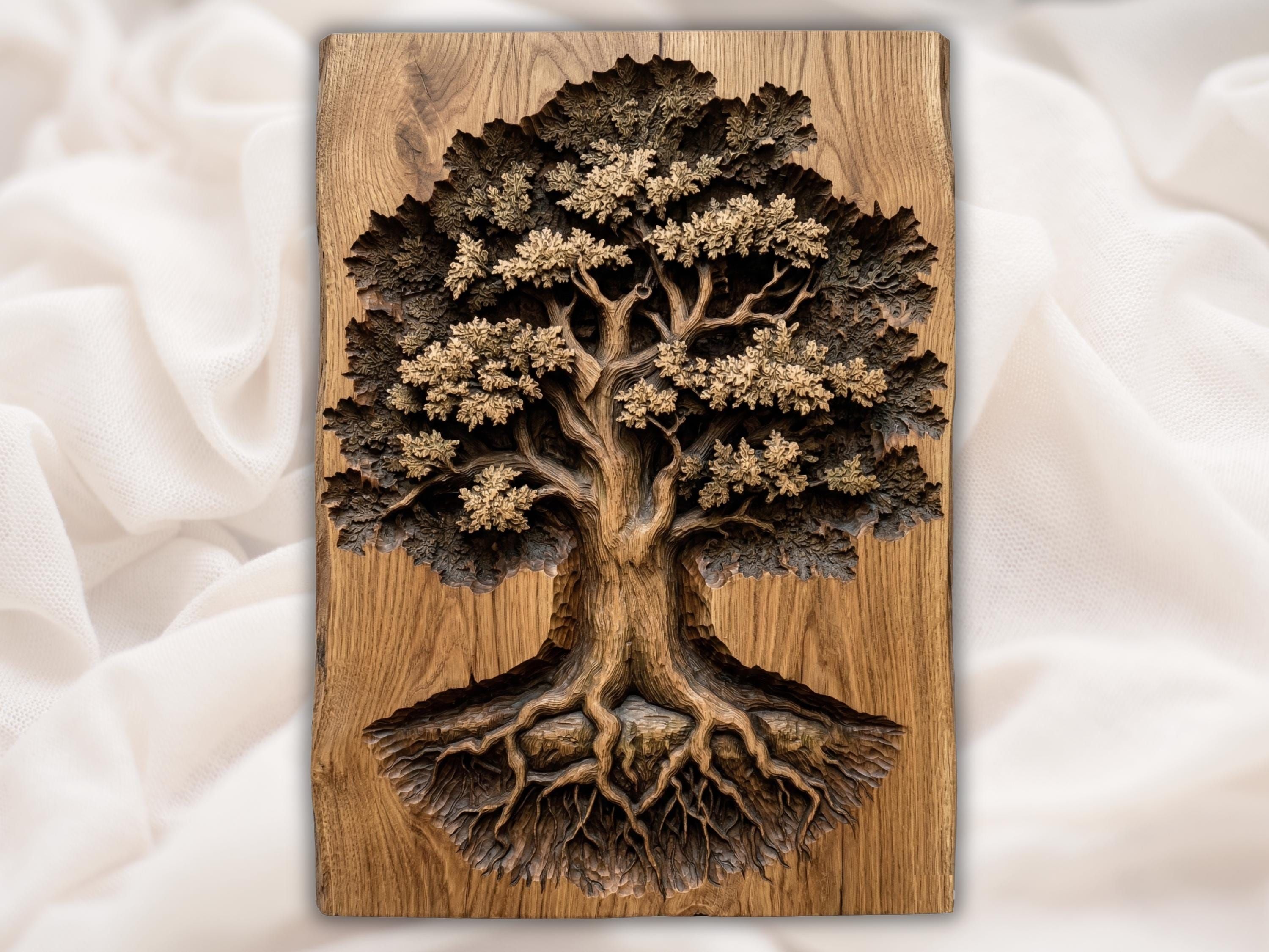 Carved wood bas-relief of a Tree of Life with a full leafy canopy, twisting trunk, and deep exposed roots