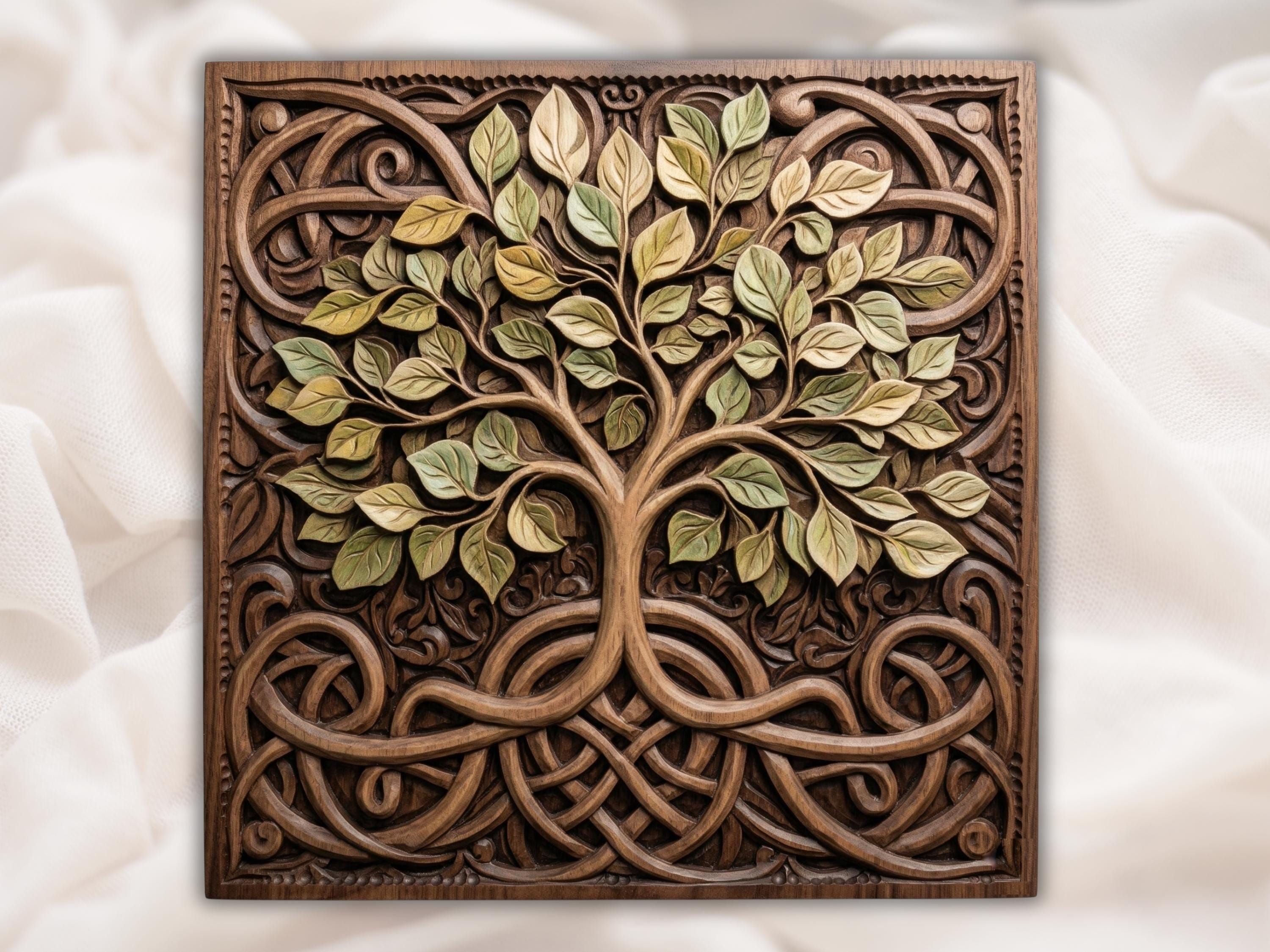 Carved Celtic Tree of Life bas-relief with green leafy canopy and woven knotwork roots in wood