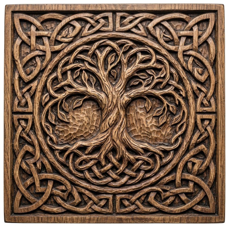 Tree of Life Celtic Wall Art | Yggdrasil Wood Carving Decor | Aspire VCarve Pro Carveco ArtCAM | Sacred Geometry Knotwork Panel — carved bas relief STL file for CNC
