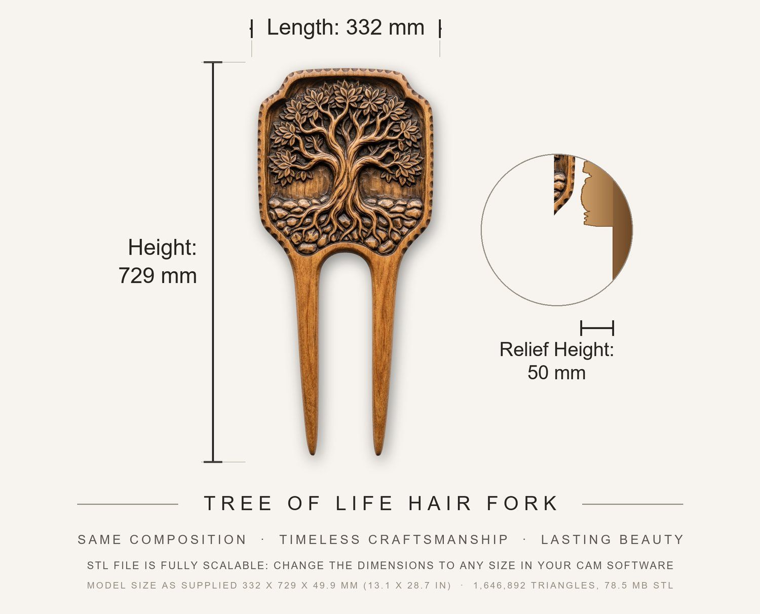 Tree of Life Hair Fork CNC Relief STL bas-relief STL — view 3