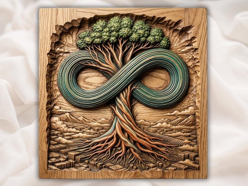 Carved wood relief of a tree forming an infinity symbol, roots spreading over a city skyline below