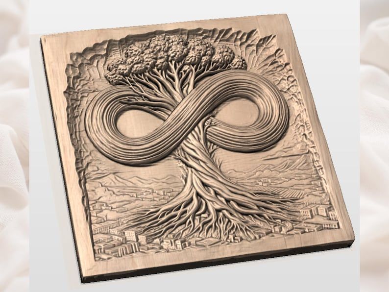 Infinity Tree of Life Relief, Rooted Tree Over a City Skyline STL bas-relief STL — view 2