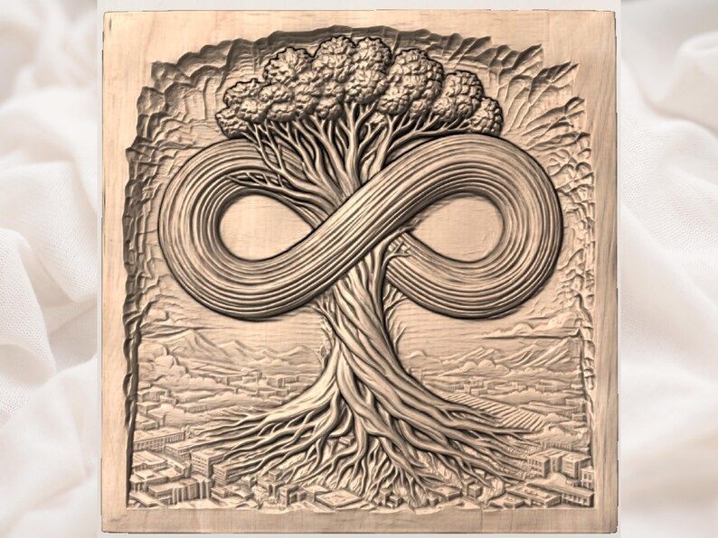 Infinity Tree of Life Relief, Rooted Tree Over a City Skyline STL bas-relief STL — view 3