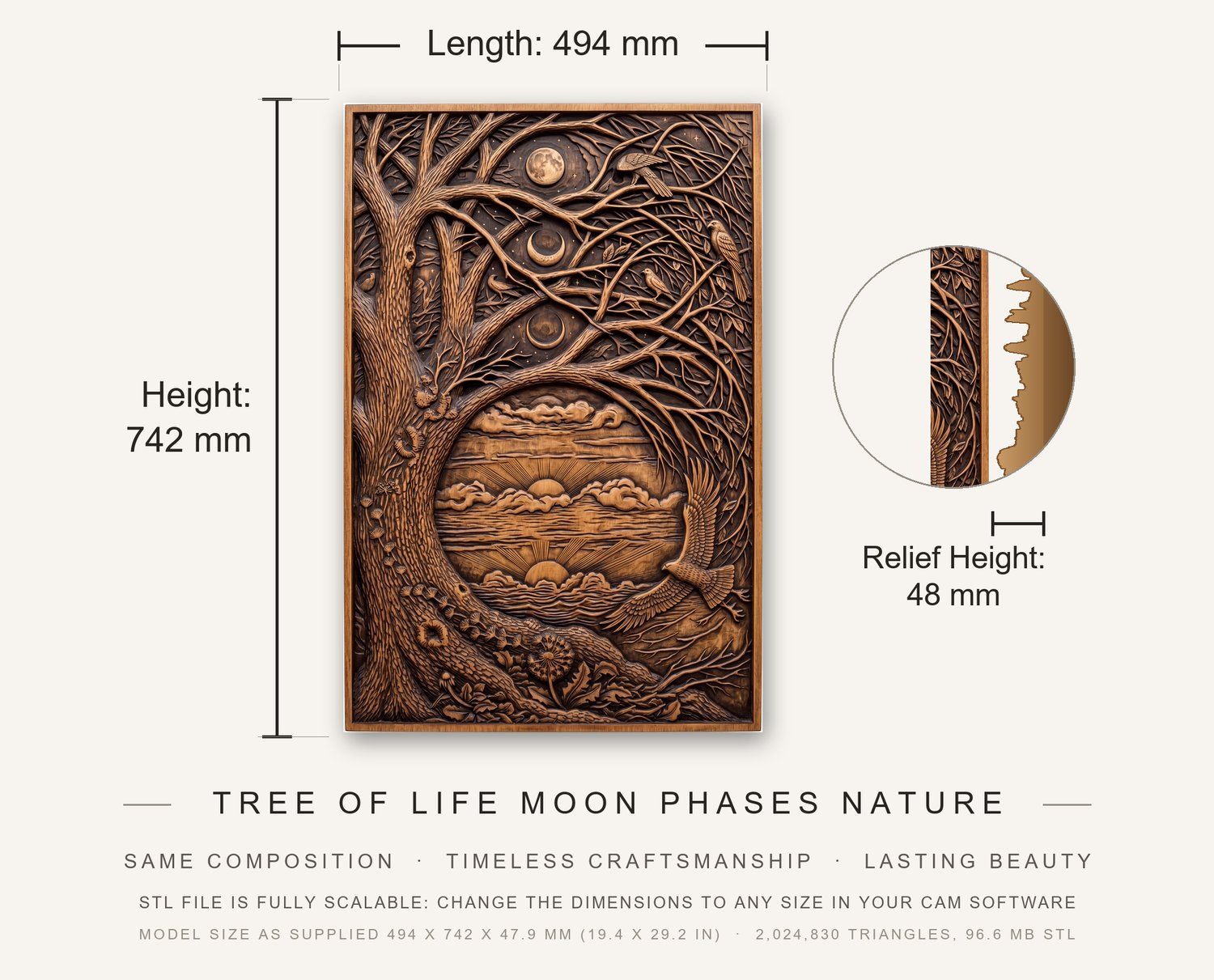 Yggdrasil Tree of Life Moon Phases Nature CNC Relief STL bas-relief STL — view 3