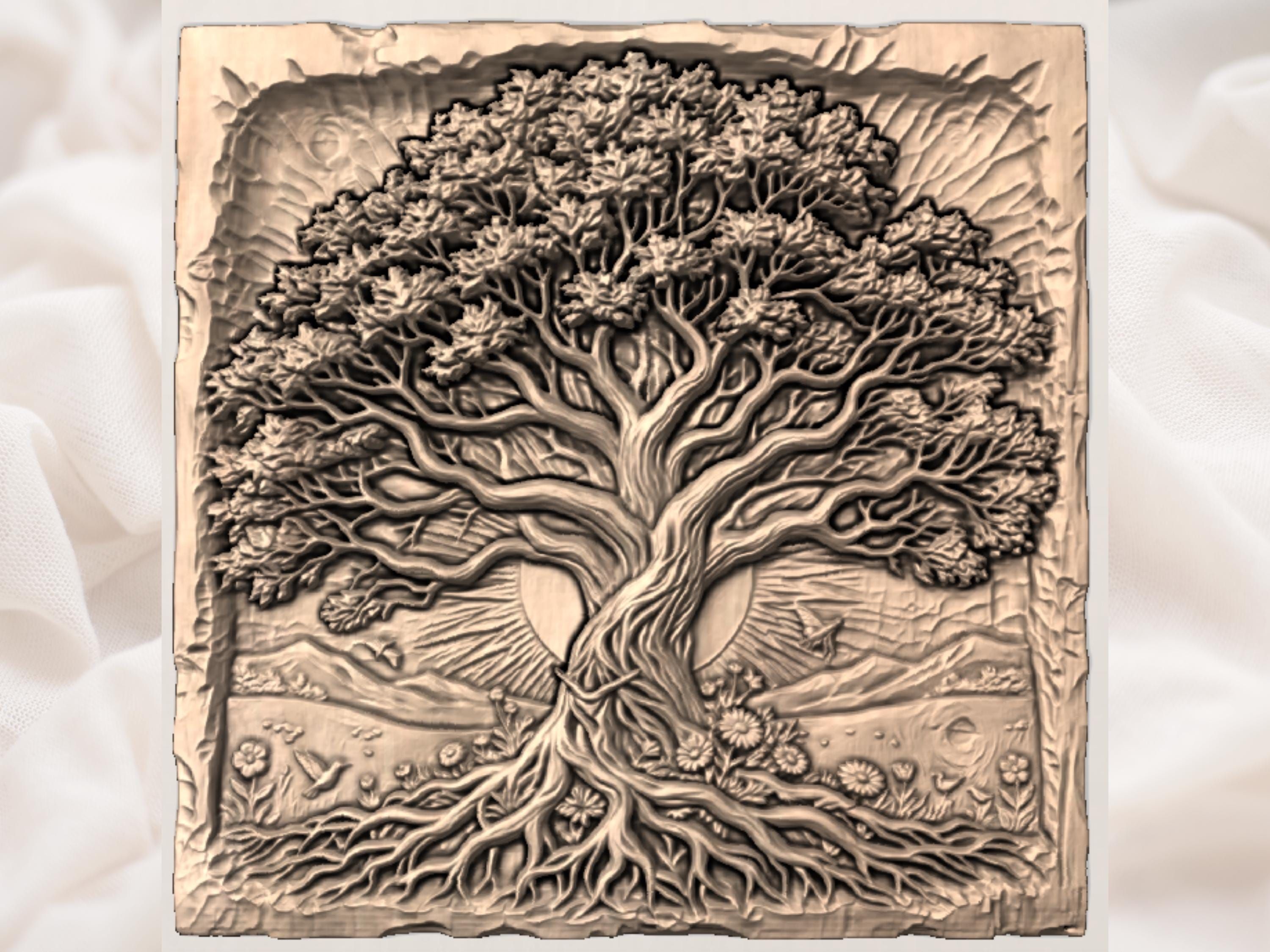 Tree of Life Bas-Relief with Wildflowers and Roots STL bas-relief STL — view 2