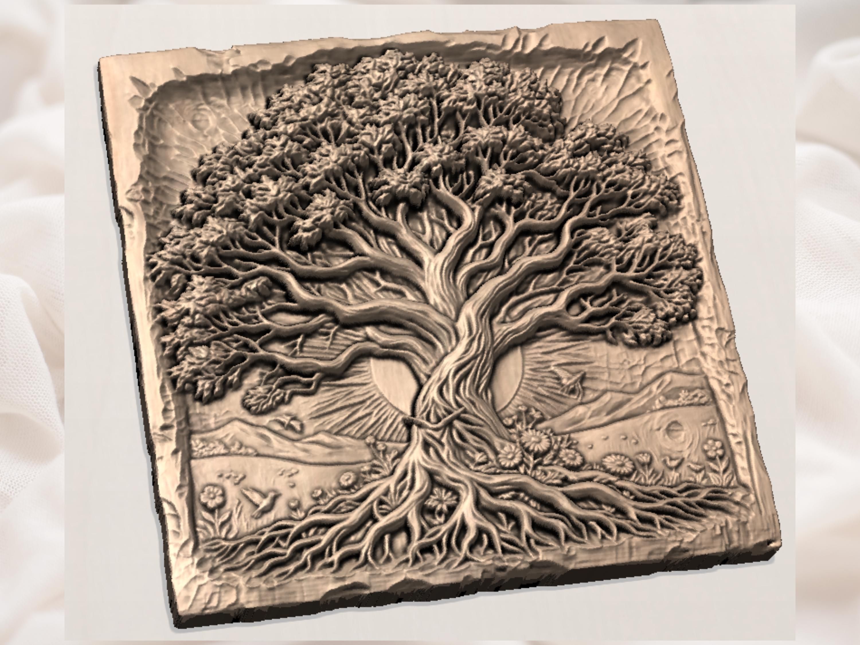 Tree of Life Bas-Relief with Wildflowers and Roots STL bas-relief STL — view 3